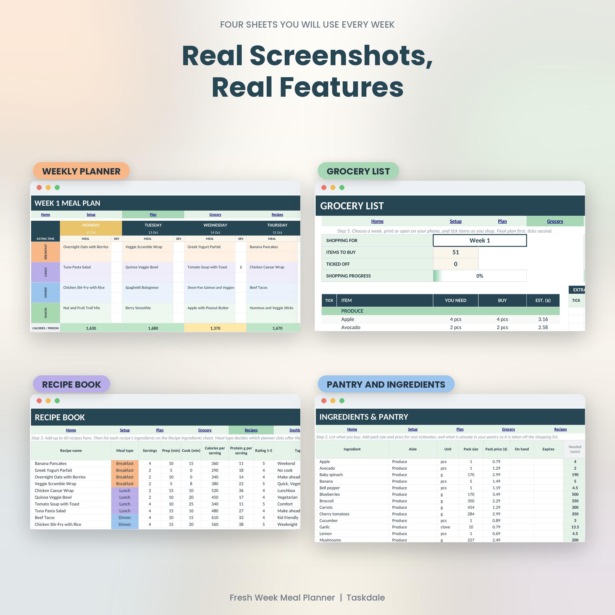 Screenshots of the weekly planner, grocery list, recipe book and pantry sheets