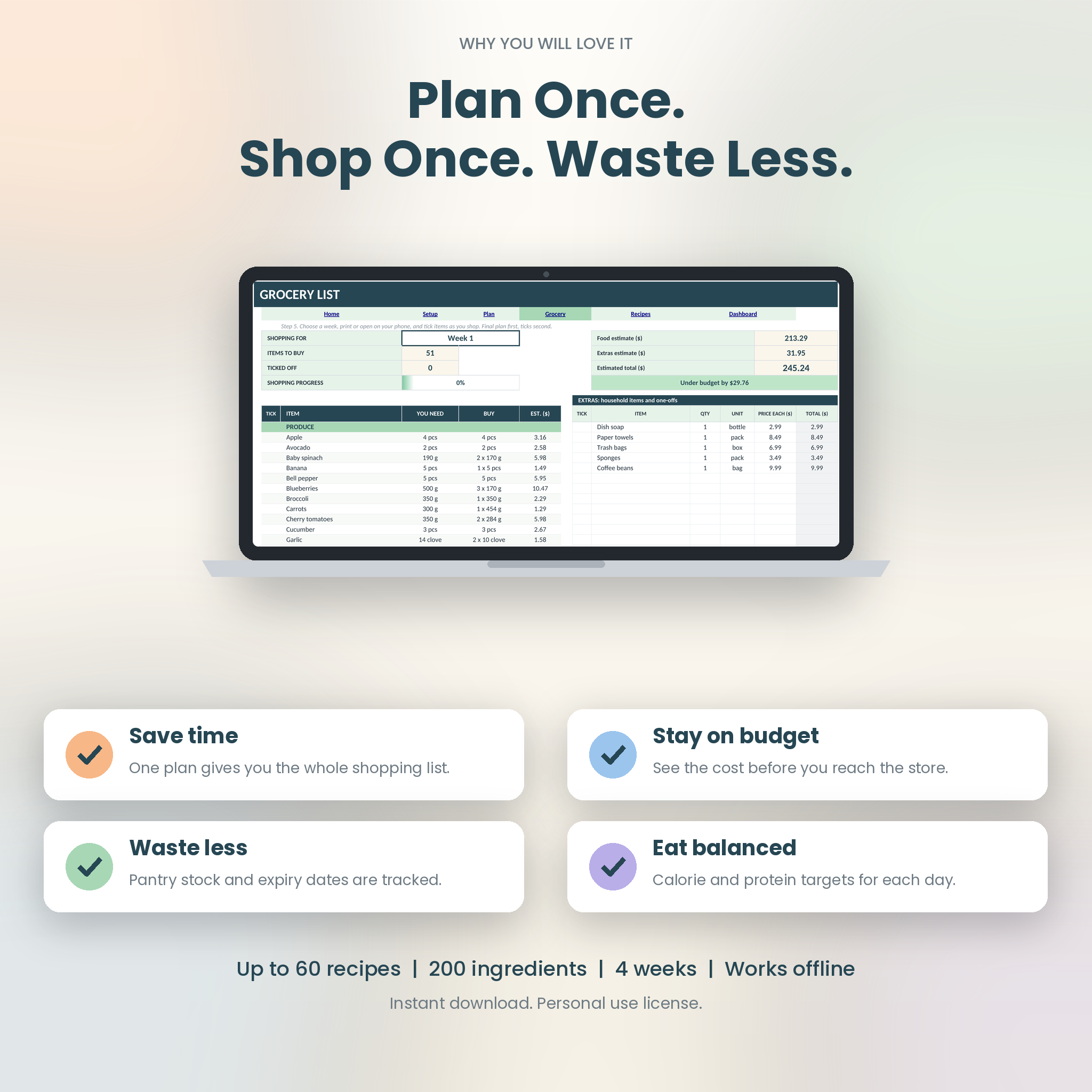 Benefits: save time, stay on budget, waste less food, eat balanced