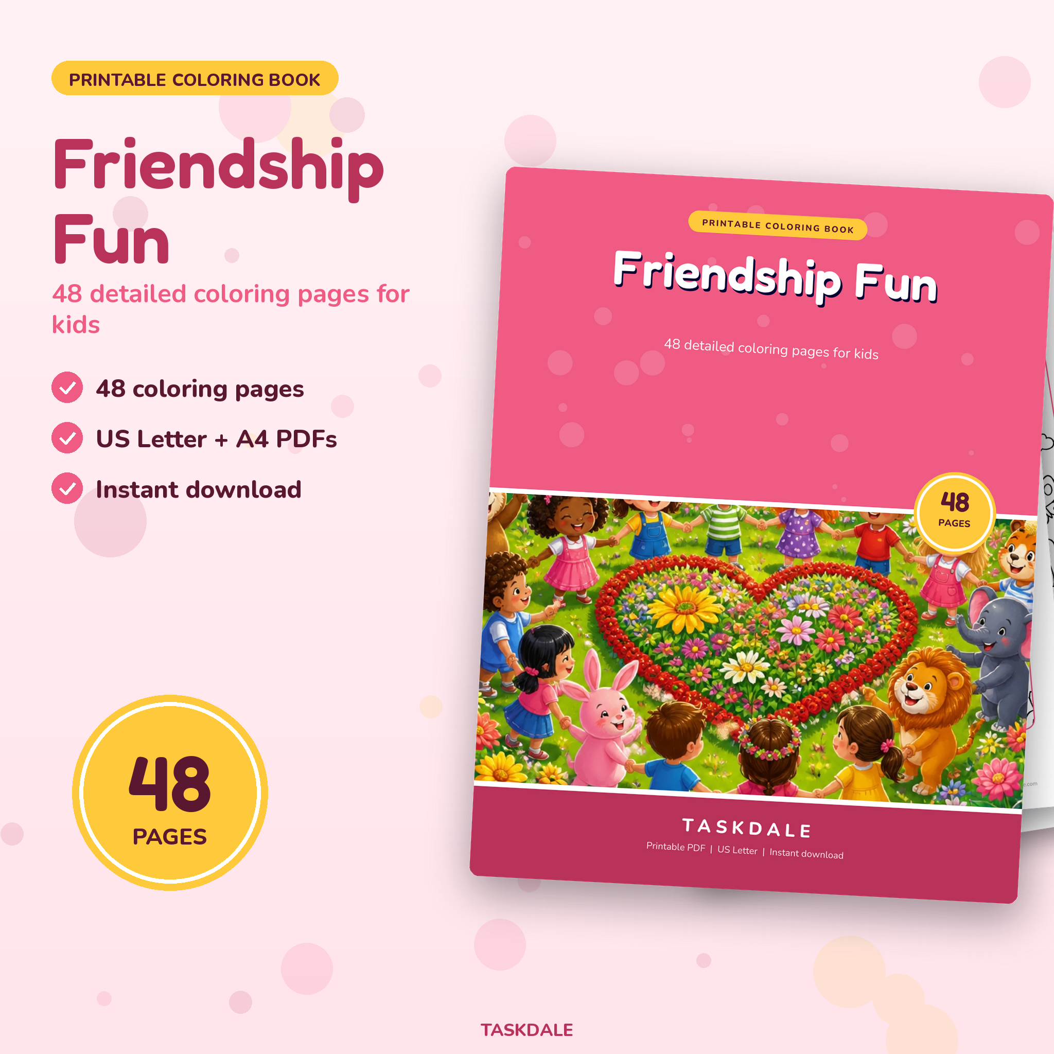 Friendship Fun Coloring Book printable PDF for kids, 48 friendship coloring pages