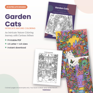 Garden Cats printable intricate coloring book with 26 detailed designs