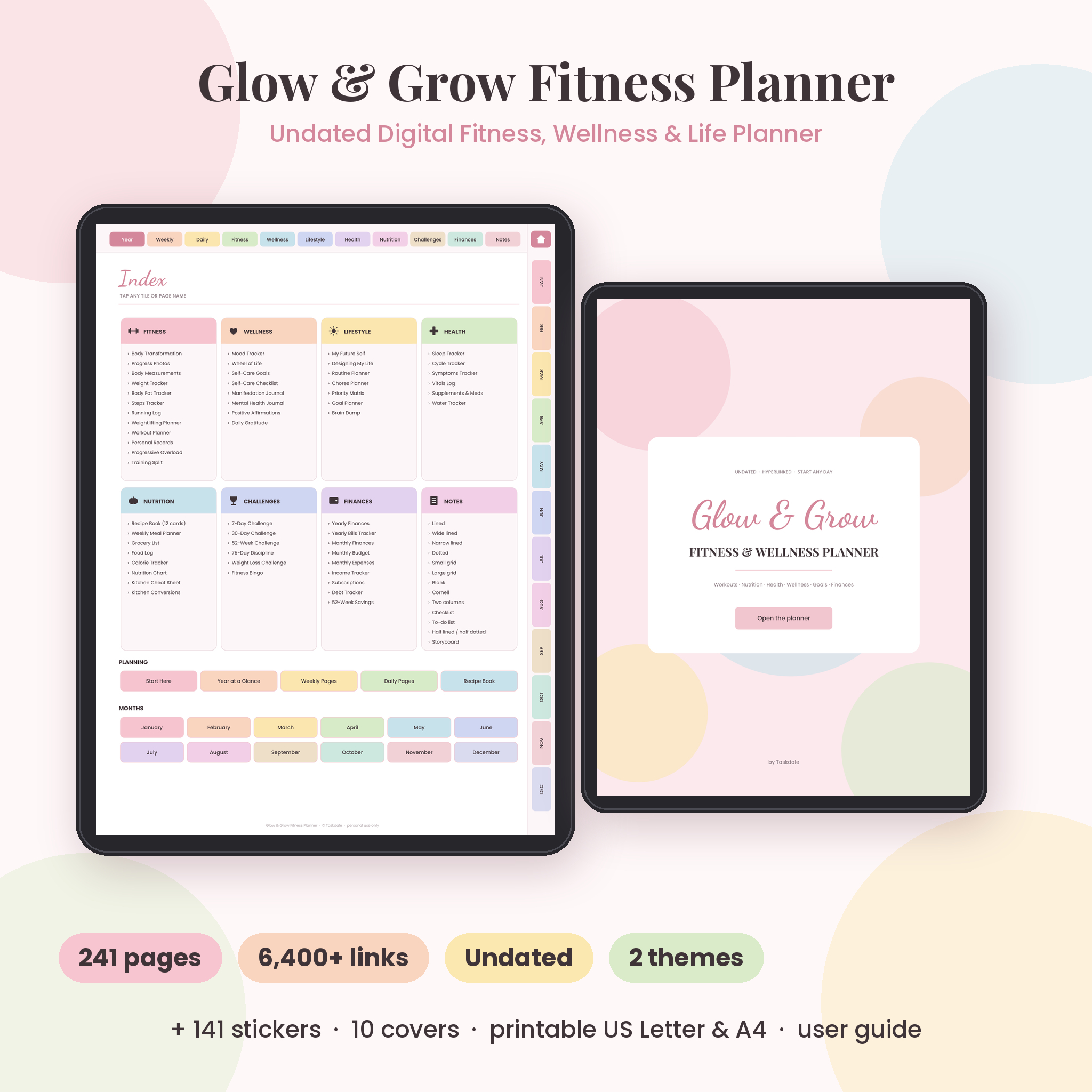 Glow & Grow undated digital fitness planner on a tablet showing the hyperlinked index