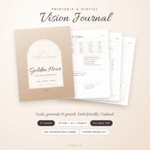 Golden Hour Vision Journal printable and digital vision board journal with cover and sample pages
