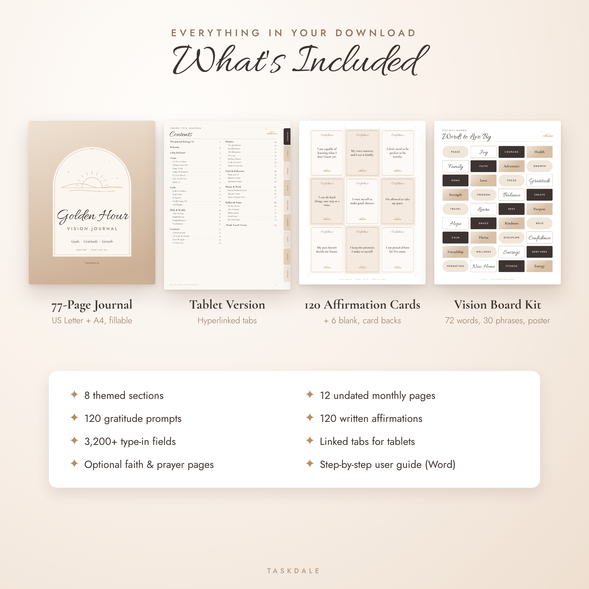 What's included in the Golden Hour Vision Journal: journal, tablet version, affirmation cards, vision board kit