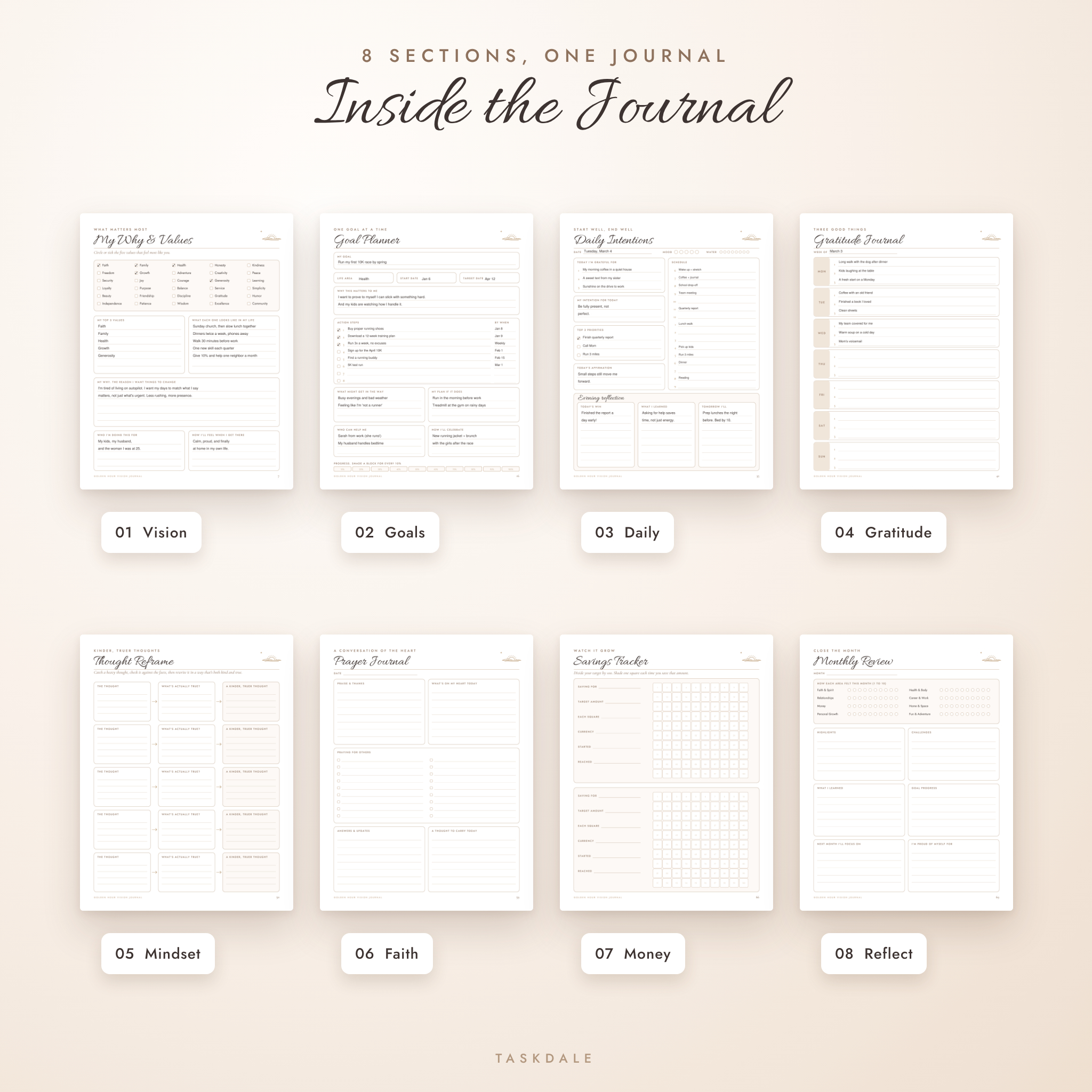 Inside the vision journal: 8 sections including goals, gratitude, mindset, faith and money pages