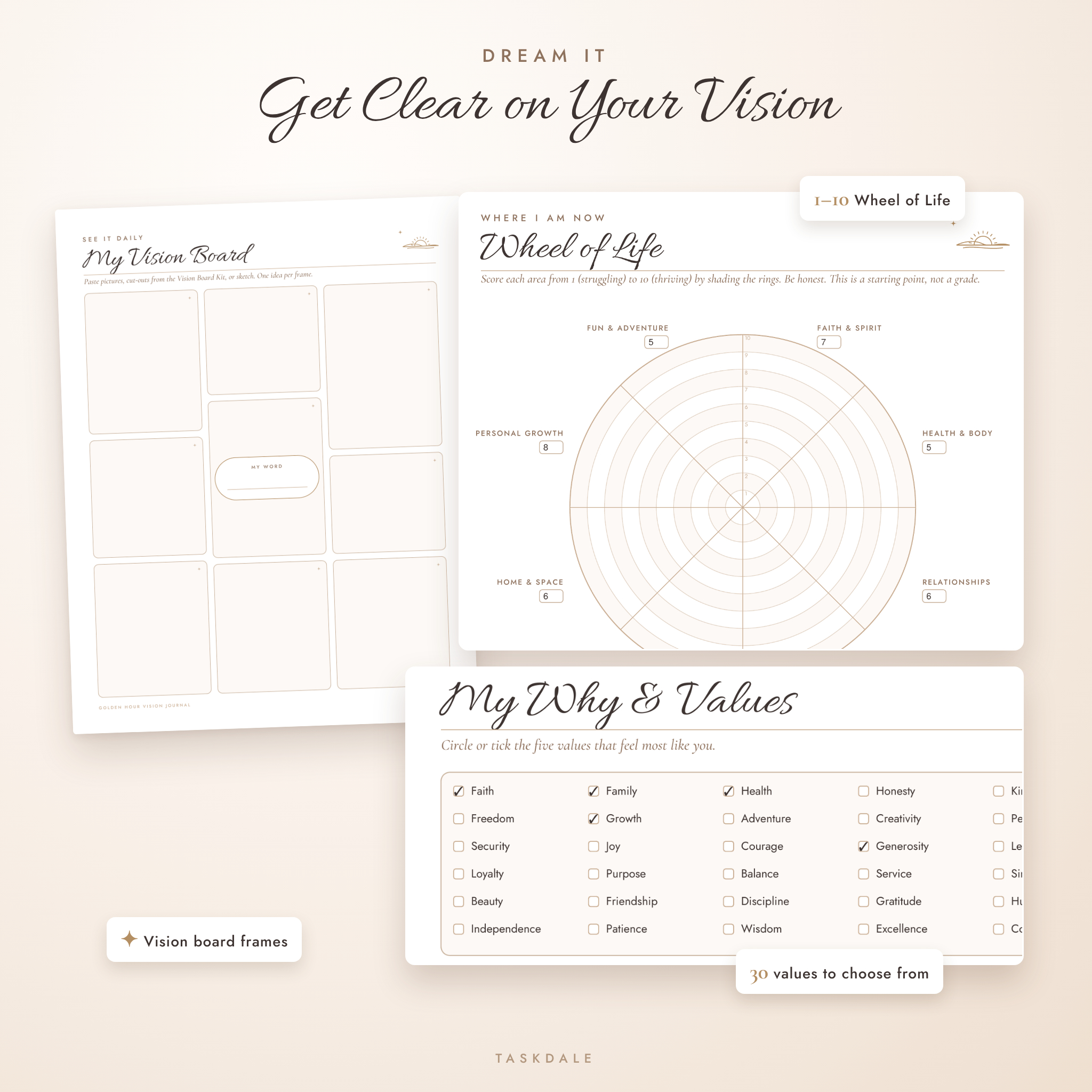 Wheel of Life, vision board and values pages from the vision board journal