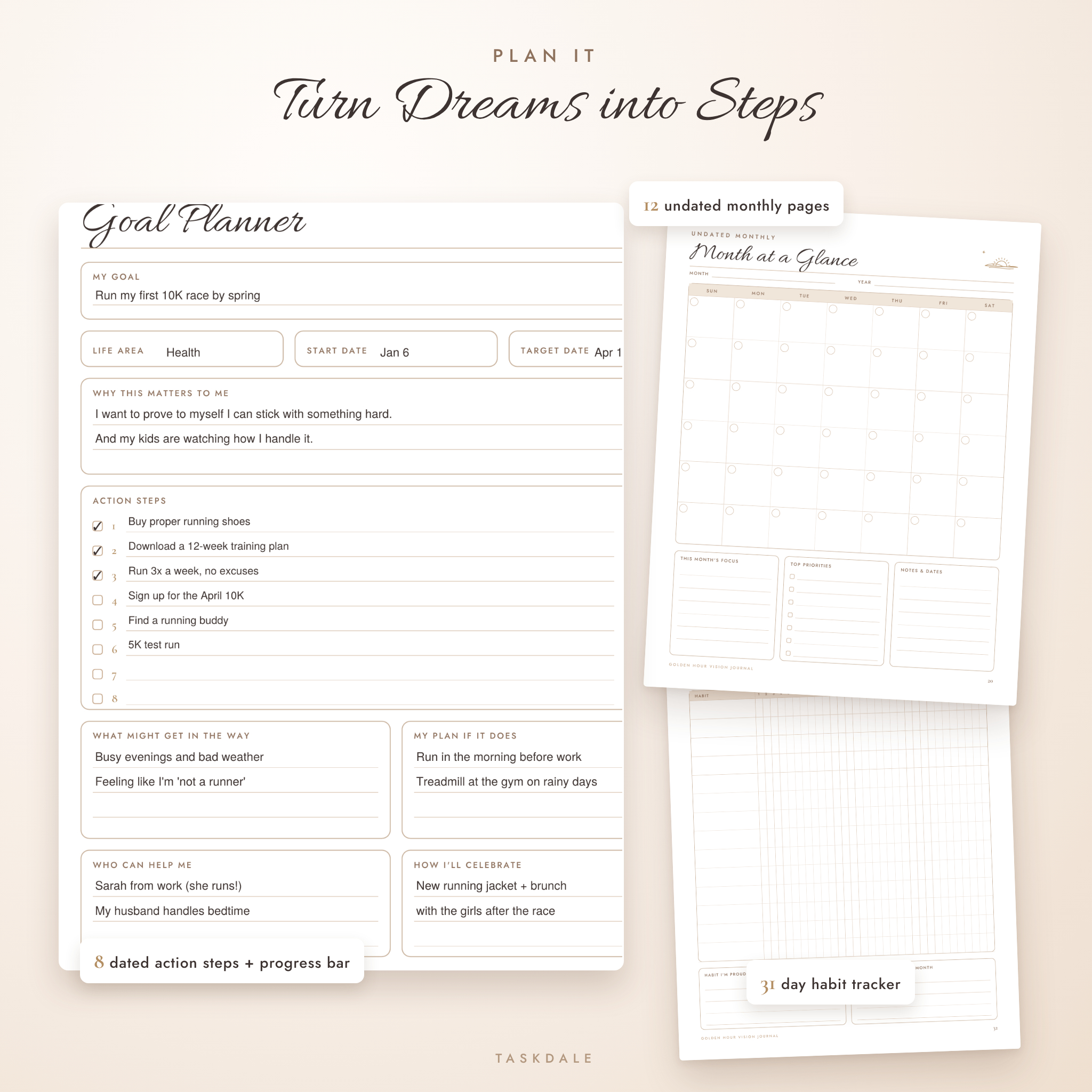Goal planner, monthly pages and habit tracker from the goal setting journal