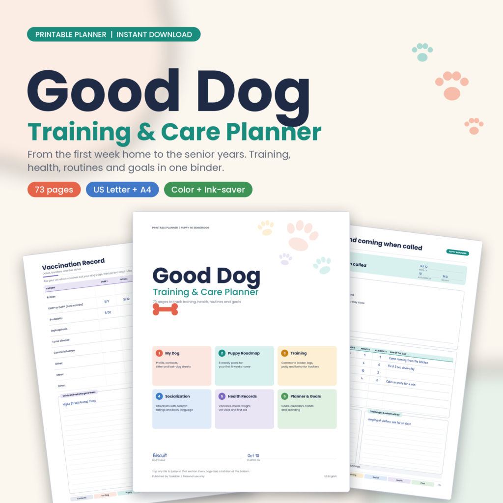 Good Dog Training & Care Planner printable cover with three sample pages