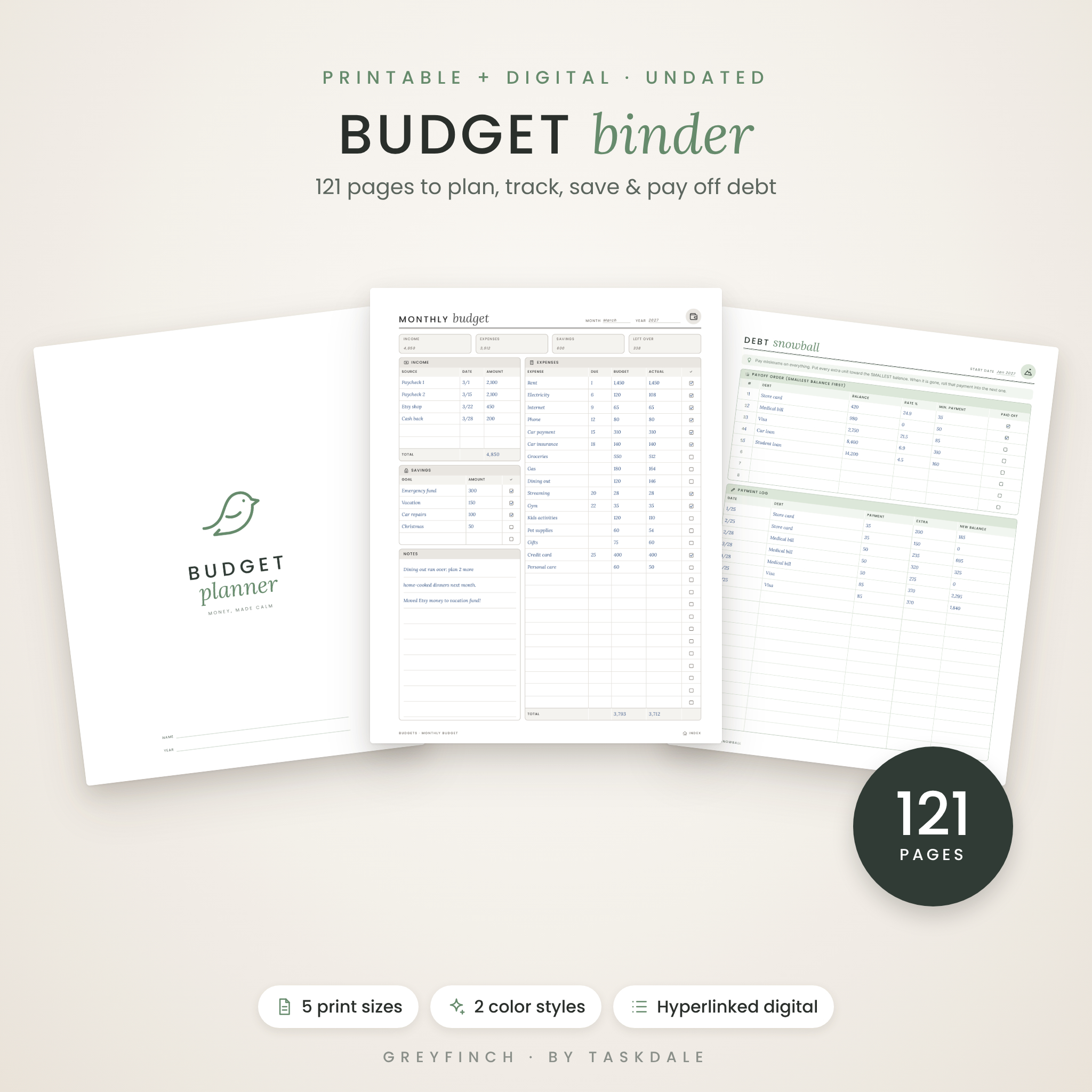 Greyfinch Budget Binder printable and digital budget planner, 121 pages