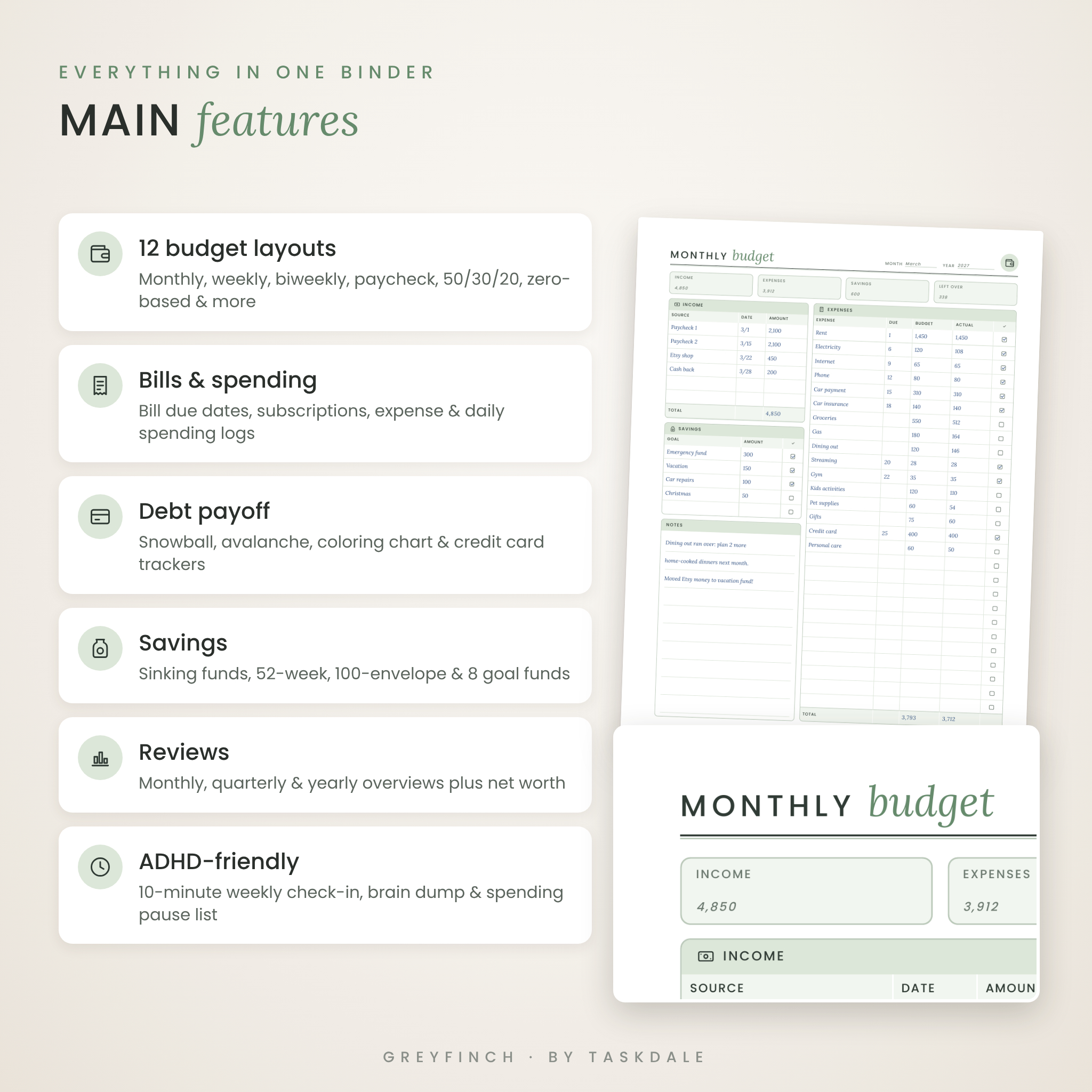 Budget planner main features: budgets, bills, debt payoff, savings, reviews