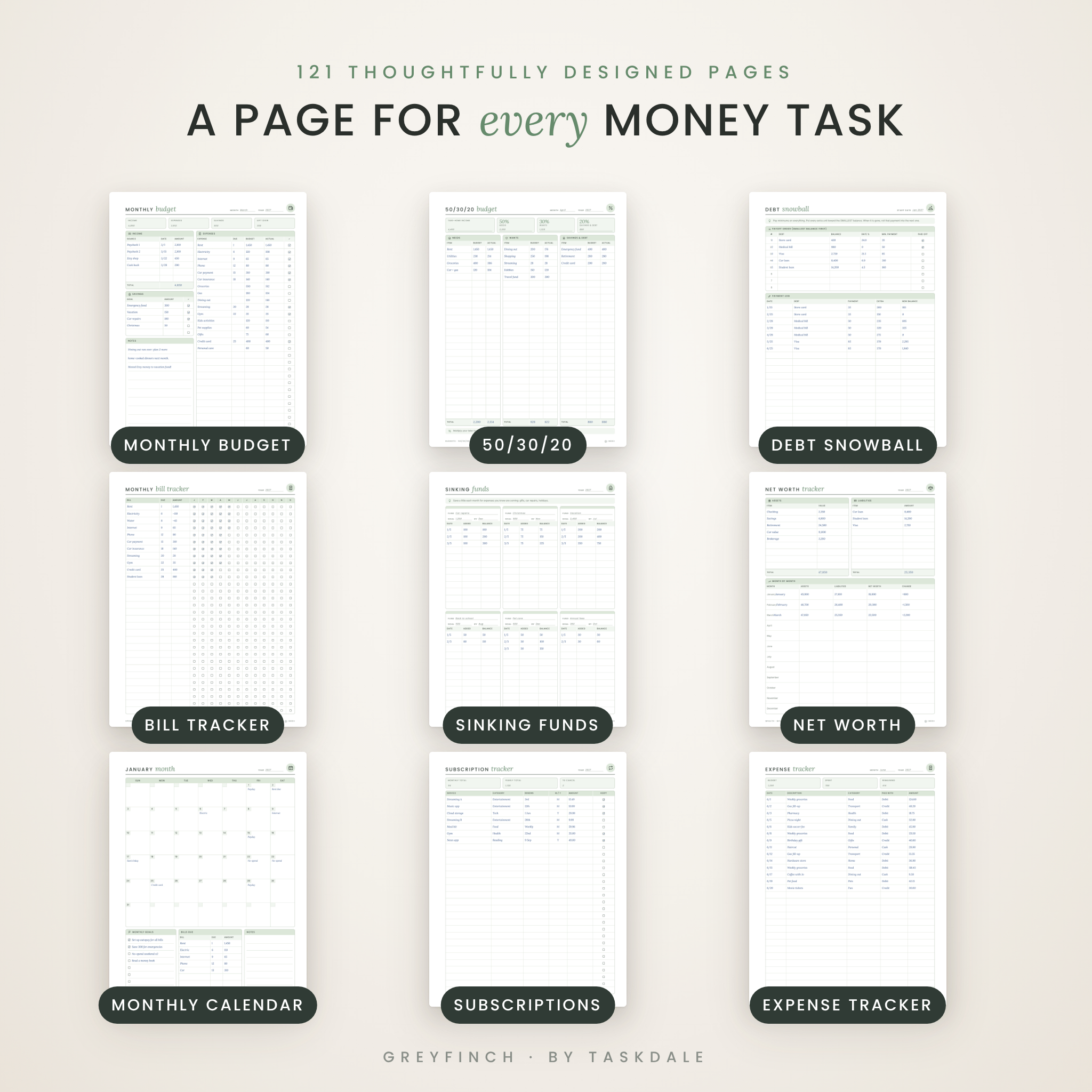 Budget planner pages: monthly budget, 50/30/20, debt snowball, bill tracker and more
