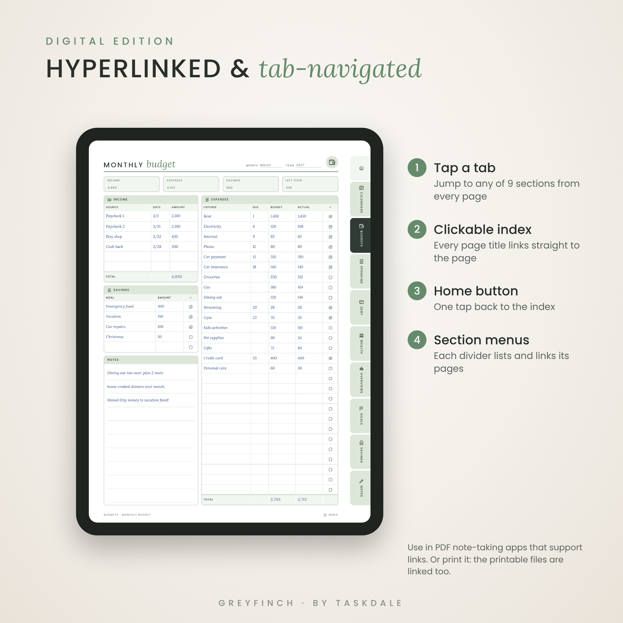 Hyperlinked digital budget planner with tab navigation on a tablet