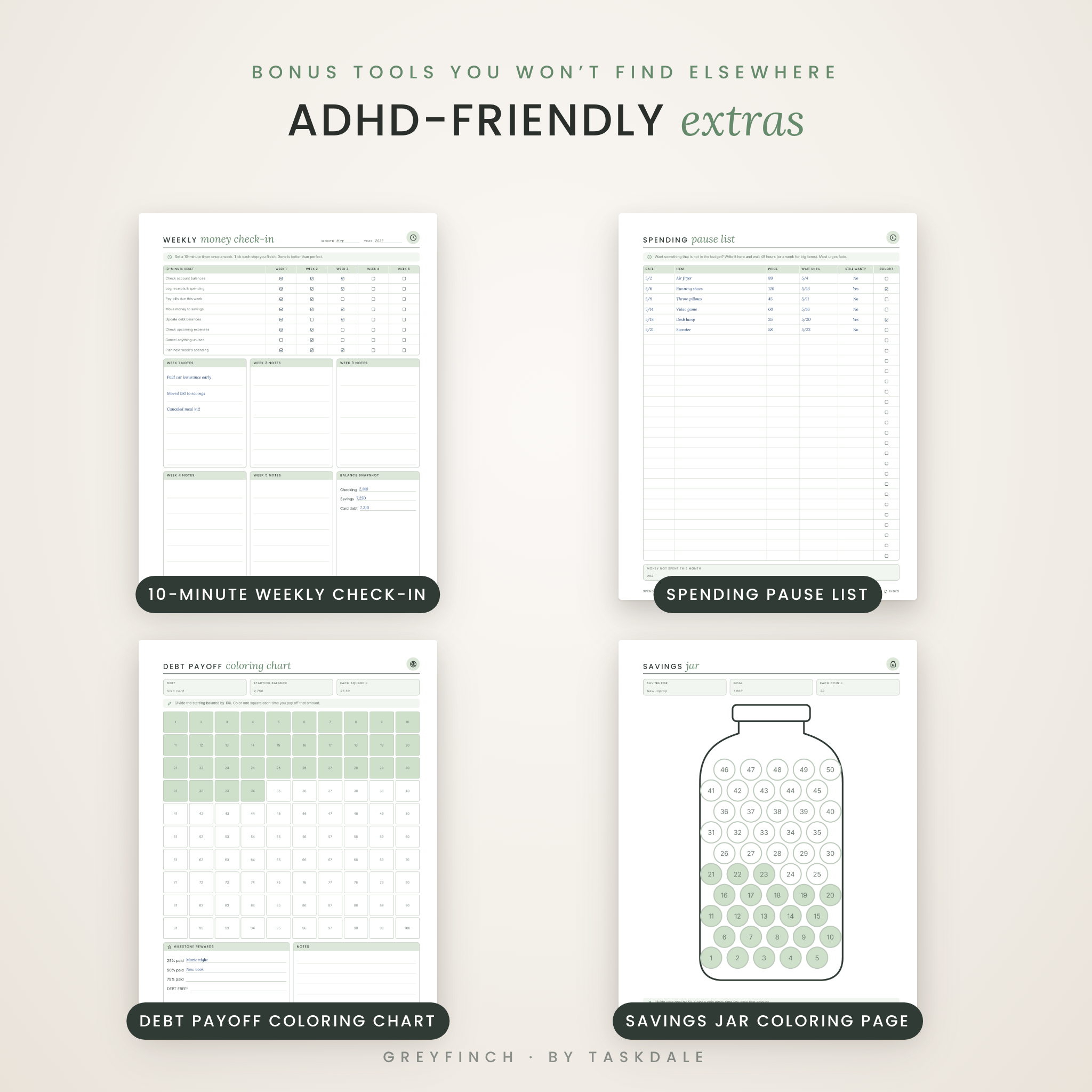ADHD-friendly budget tools: weekly check-in, spending pause list, coloring charts
