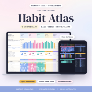 Habit Atlas habit tracker spreadsheet for Excel and Google Sheets shown on a laptop and tablet