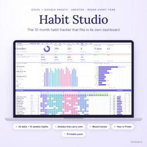 Habit Studio 12-month habit tracker spreadsheet for Excel and Google Sheets