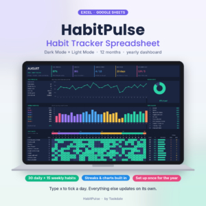 HabitPulse habit tracker spreadsheet in dark mode shown on a laptop