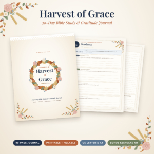 Harvest of Grace 30-day Bible study journal printable with autumn wreath cover and daily study spread