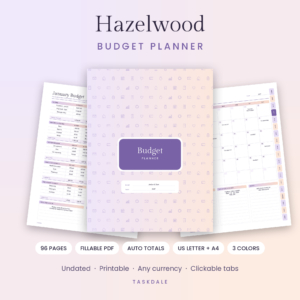 Hazelwood Budget Planner printable and fillable PDF, 96 pages, cover and monthly pages