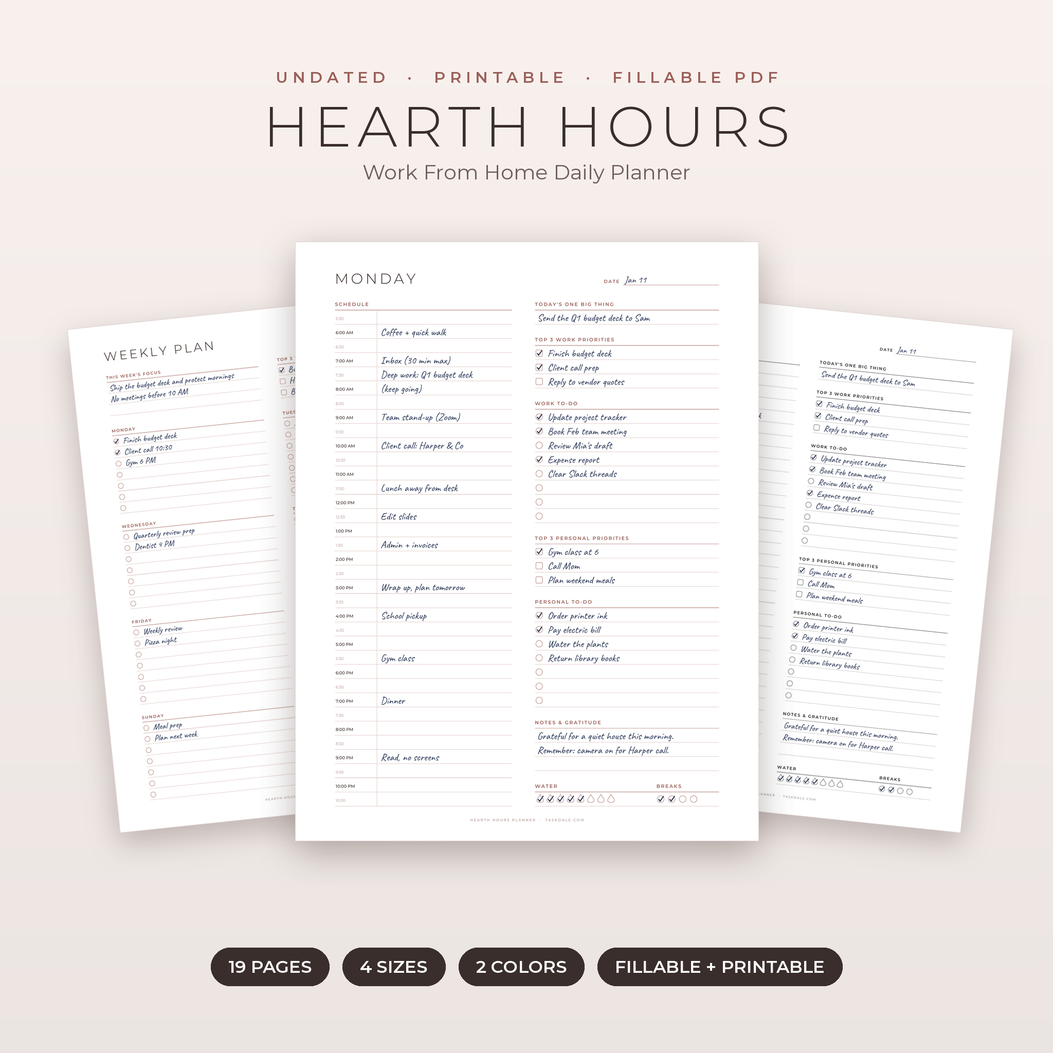 Hearth Hours work from home daily planner printable overview with daily, weekly and monthly pages