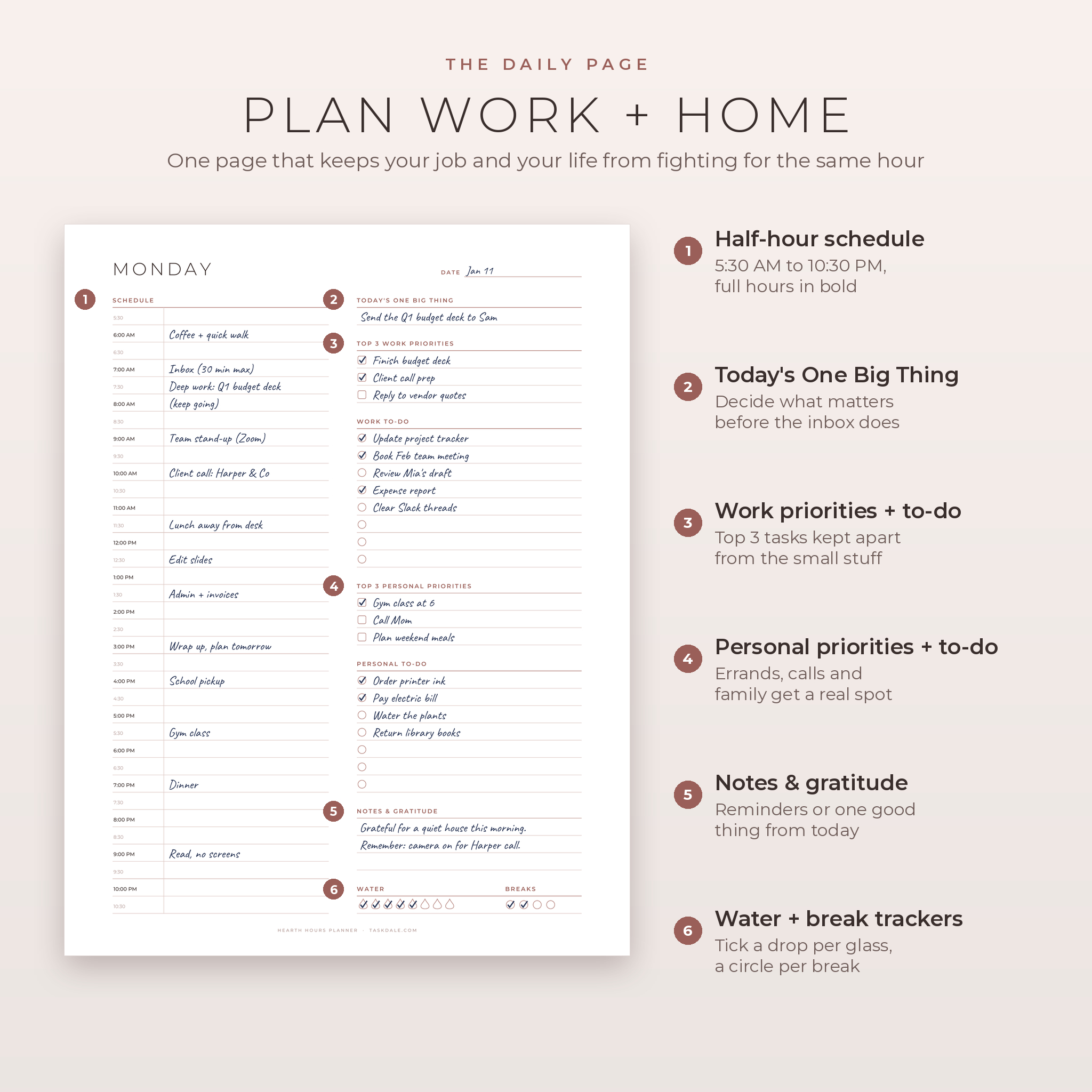 Daily planner page with half-hour schedule, work and personal priorities, to-do lists and water tracker