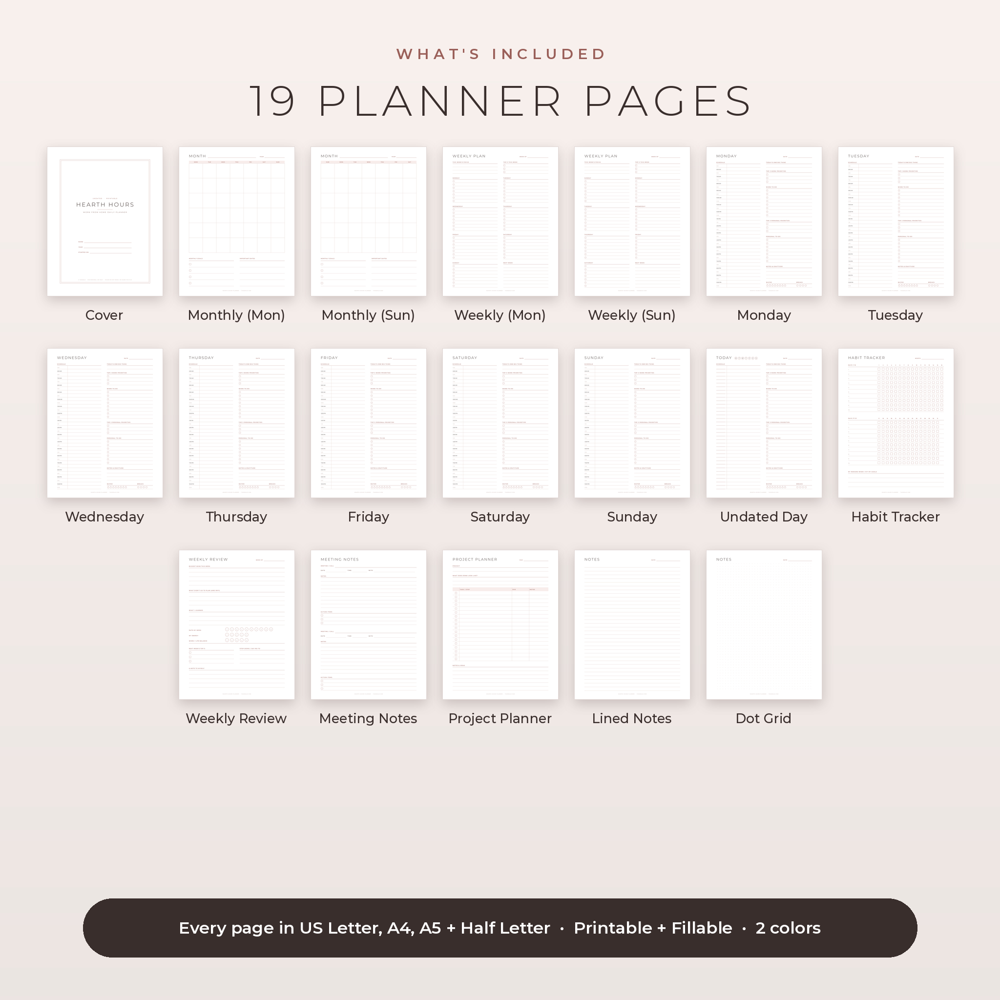 All 19 printable planner pages included in the work from home planner