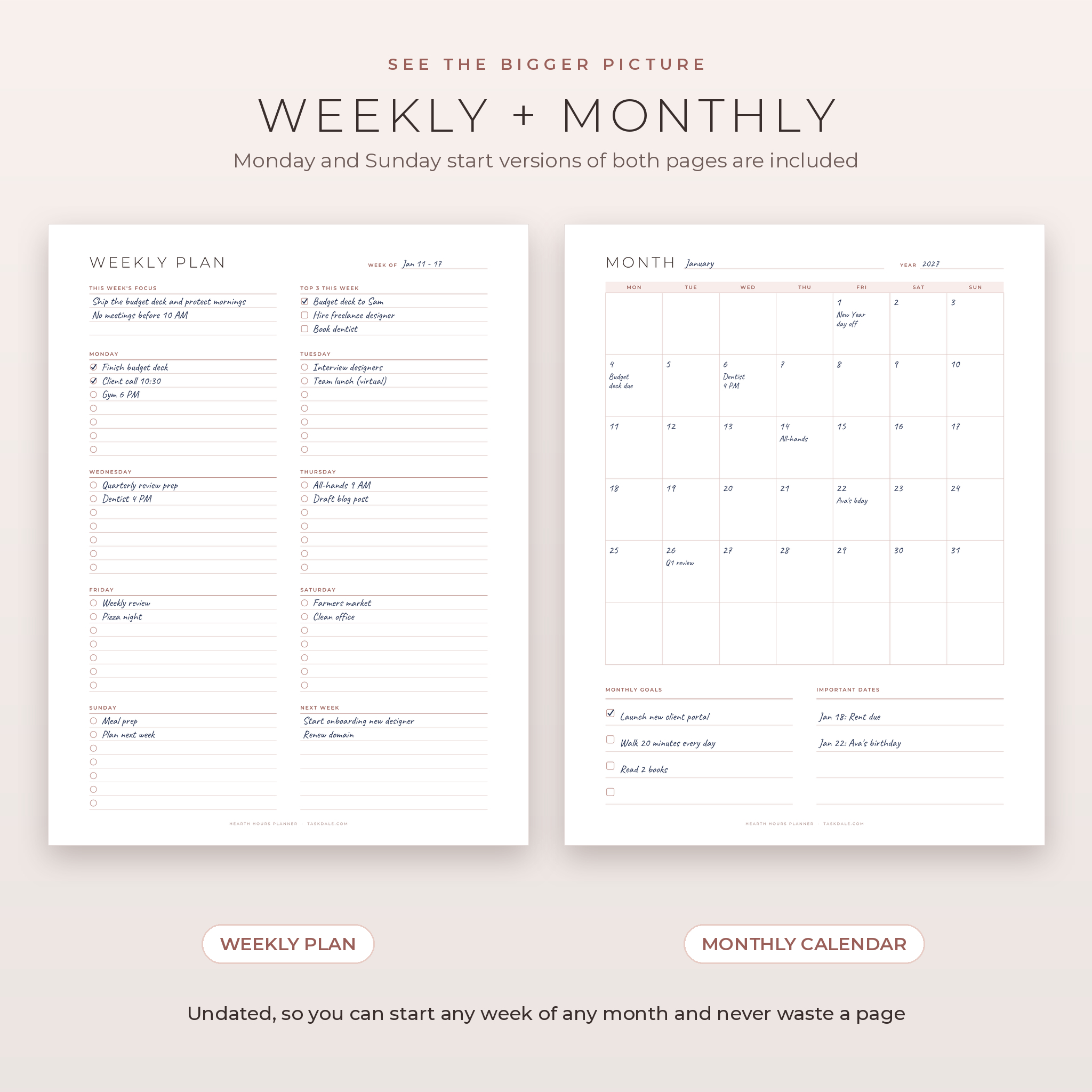 Undated weekly plan and monthly calendar printable pages