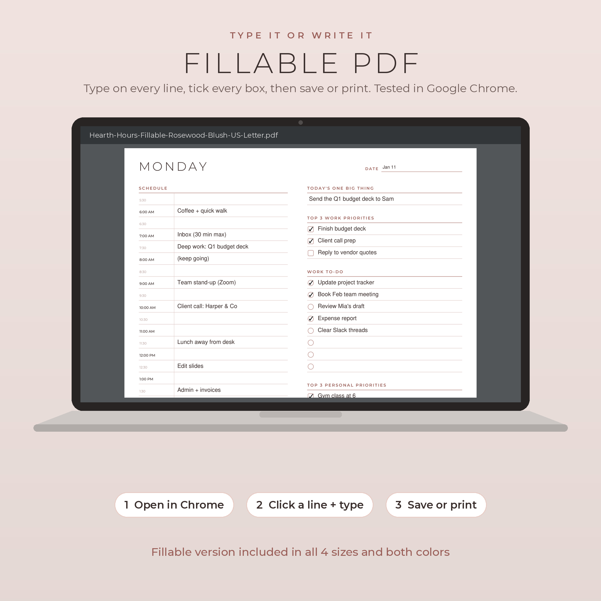 Fillable PDF daily planner being typed in on a laptop
