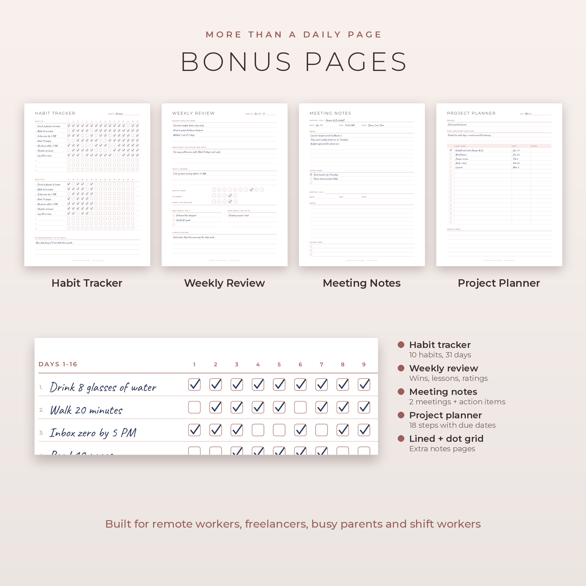 Bonus habit tracker, weekly review, meeting notes and project planner pages