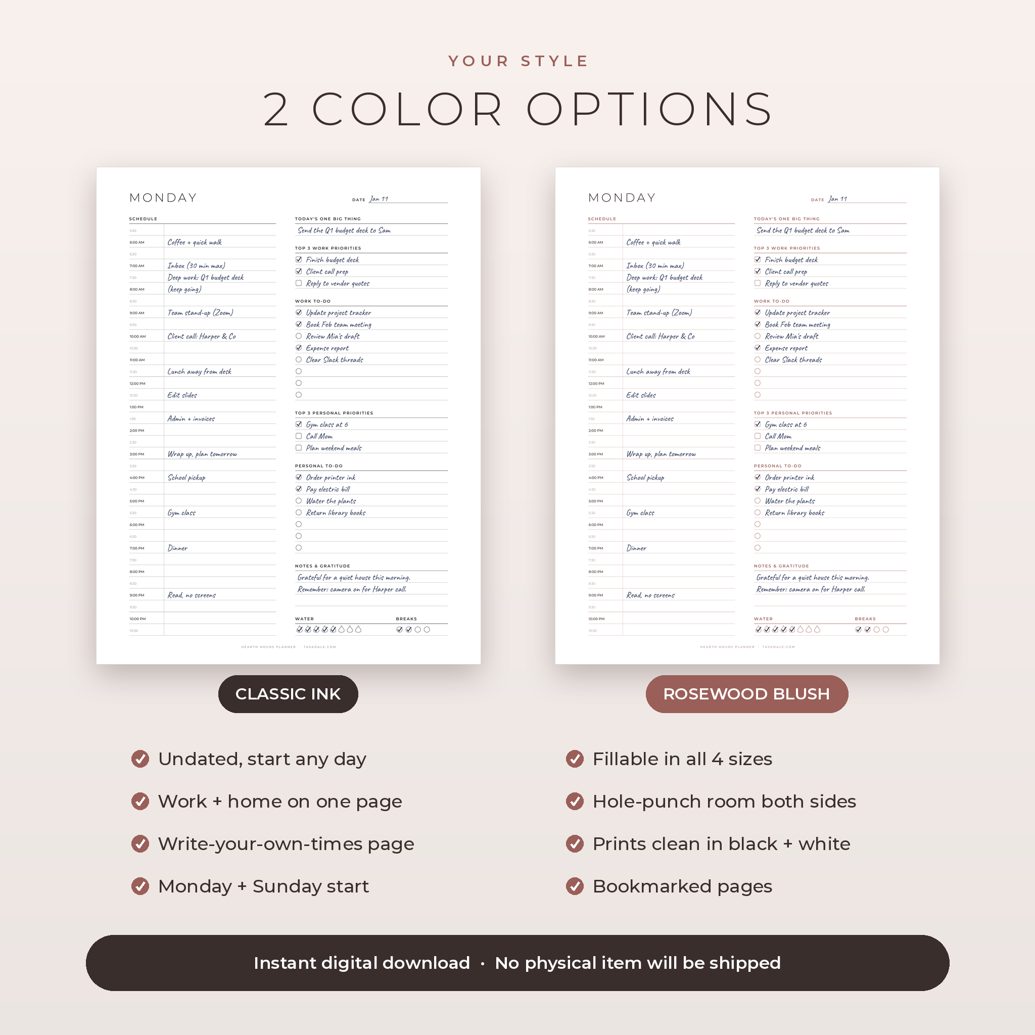 Classic Ink and Rosewood Blush color options for the daily planner