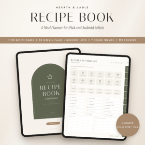 Hearth & Ladle digital recipe book and meal planner shown on two iPads with cover and dashboard