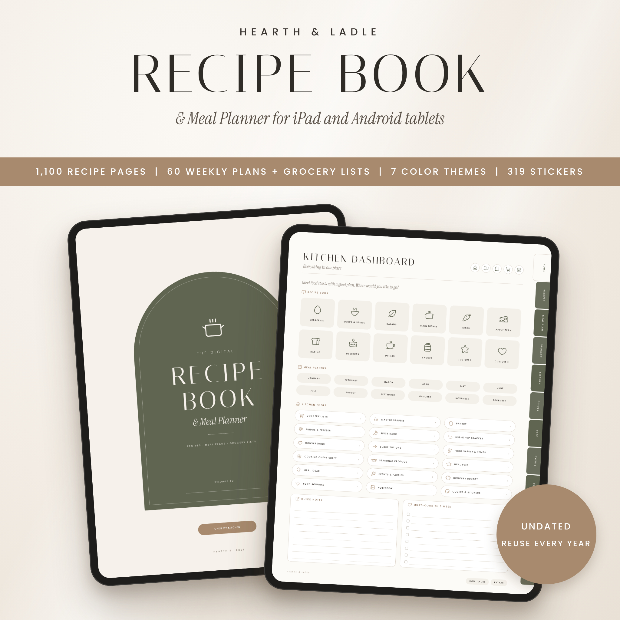Hearth & Ladle digital recipe book and meal planner shown on two iPads with cover and dashboard
