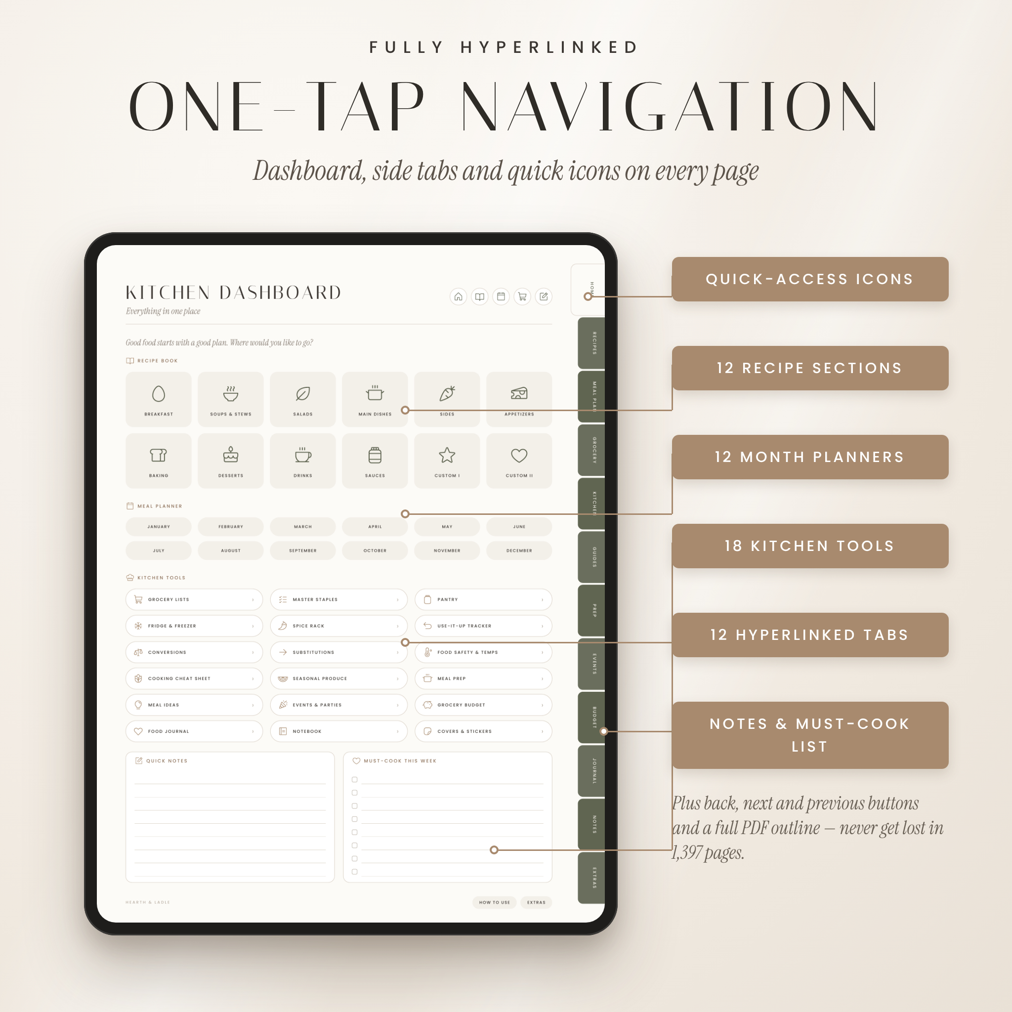 Hyperlinked kitchen dashboard with tabs, quick icons, recipe sections and month planners