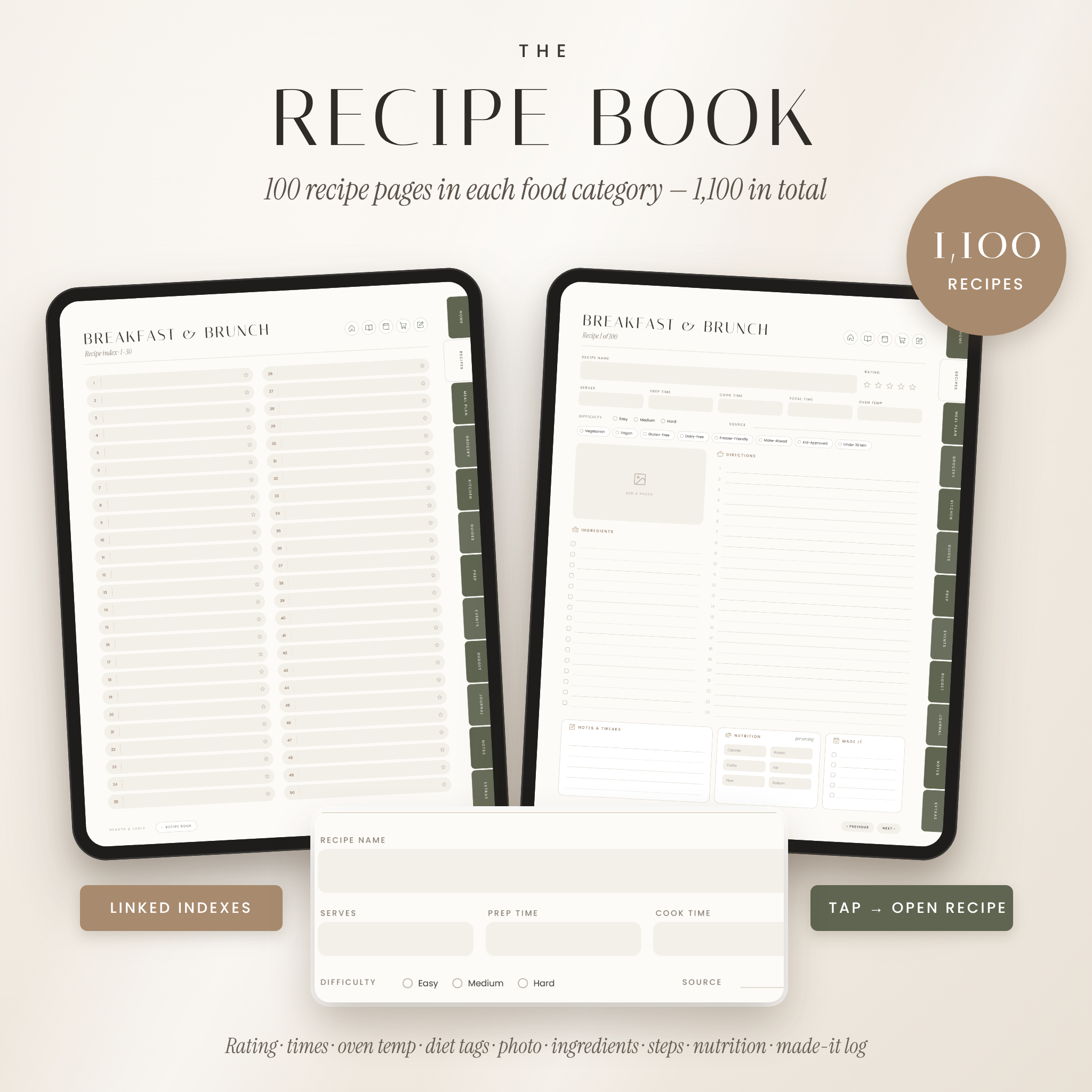 Recipe index and detailed recipe page with ratings, times, tags, ingredients and directions