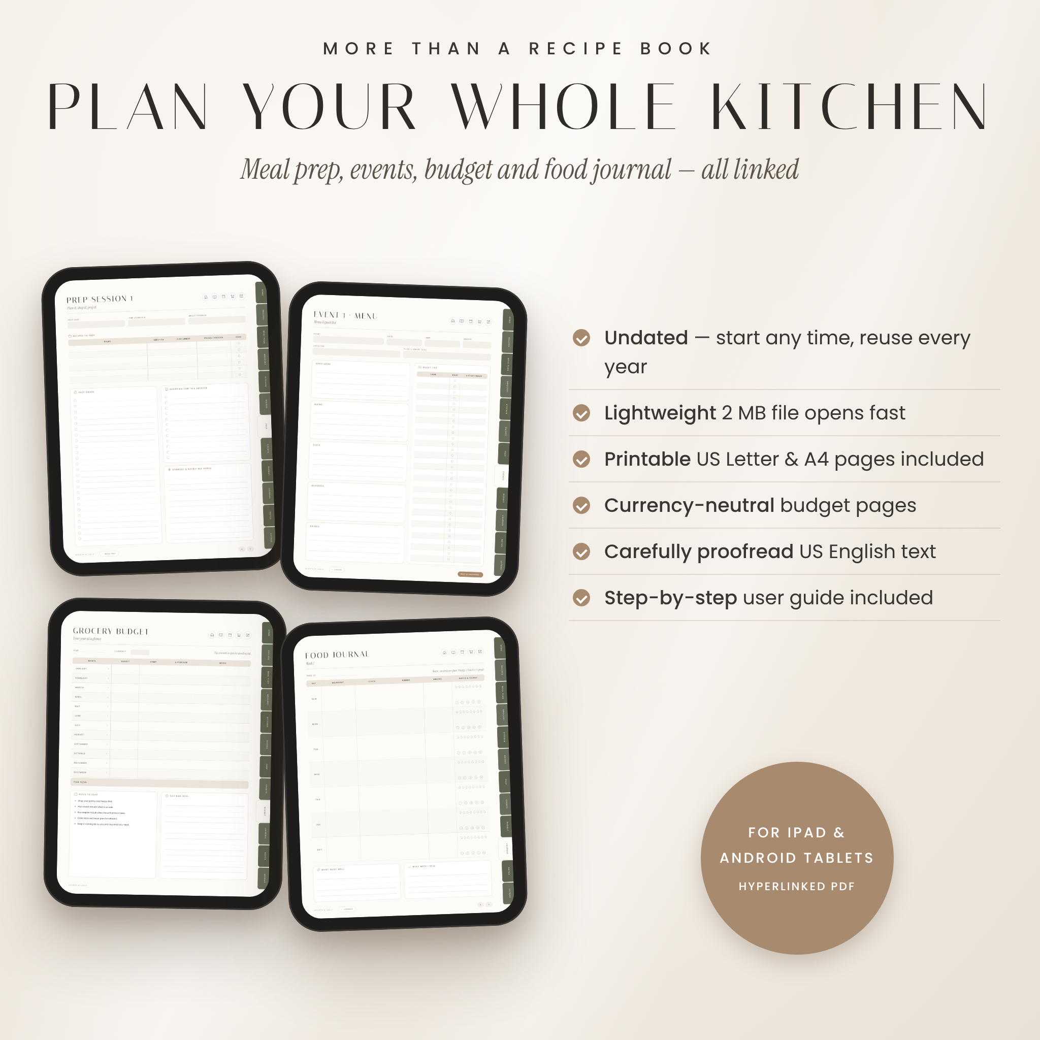 Meal prep, event planner, grocery budget and food journal pages