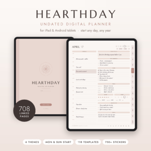 Hearthday undated digital planner on iPad with cover and filled daily page