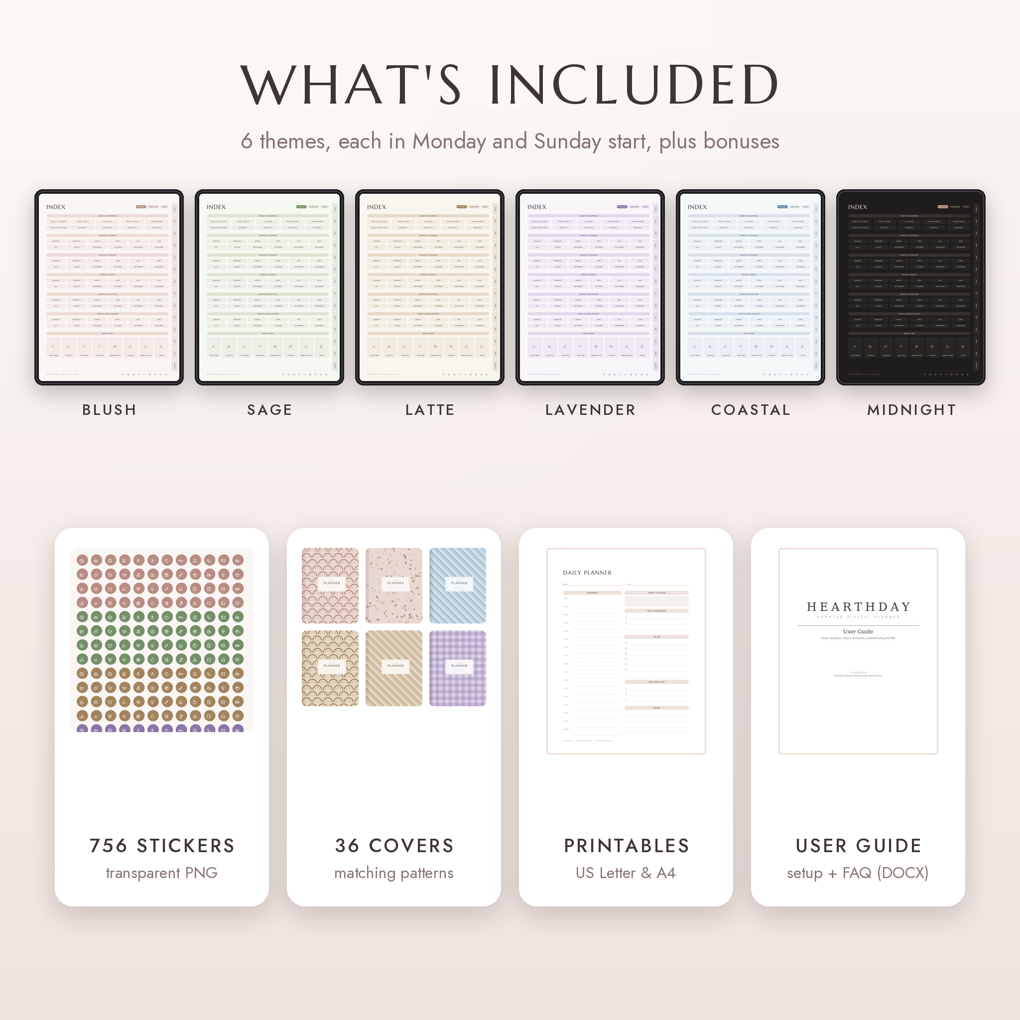 What is included: six color themes, stickers, covers, printable inserts and user guide