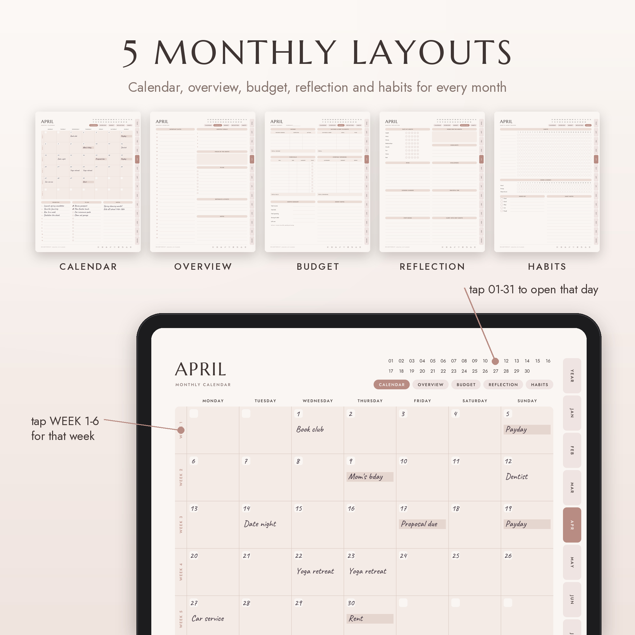 Five monthly layouts: calendar, overview, budget, reflection and habit tracker