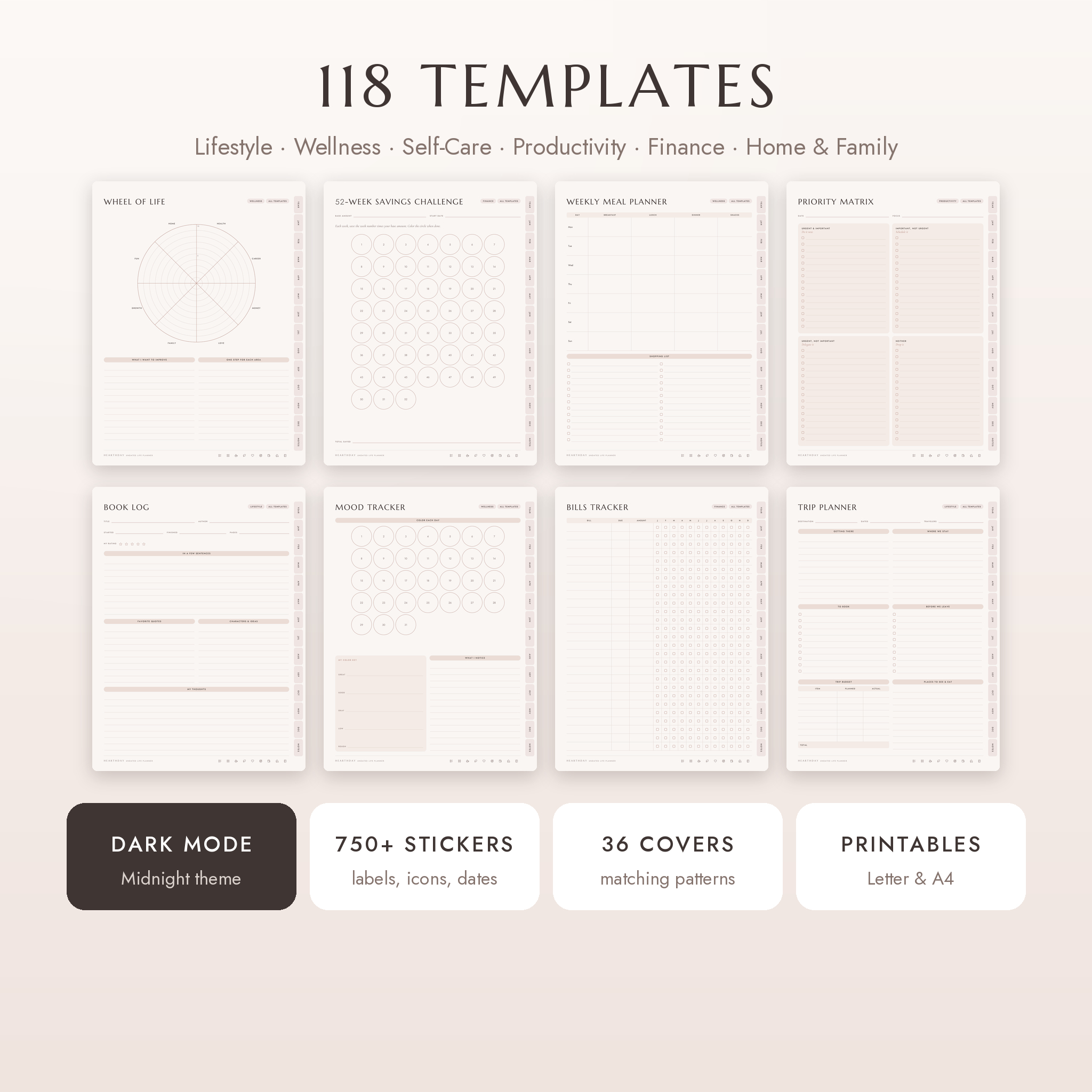 118 planner templates plus dark mode, stickers, covers and printables