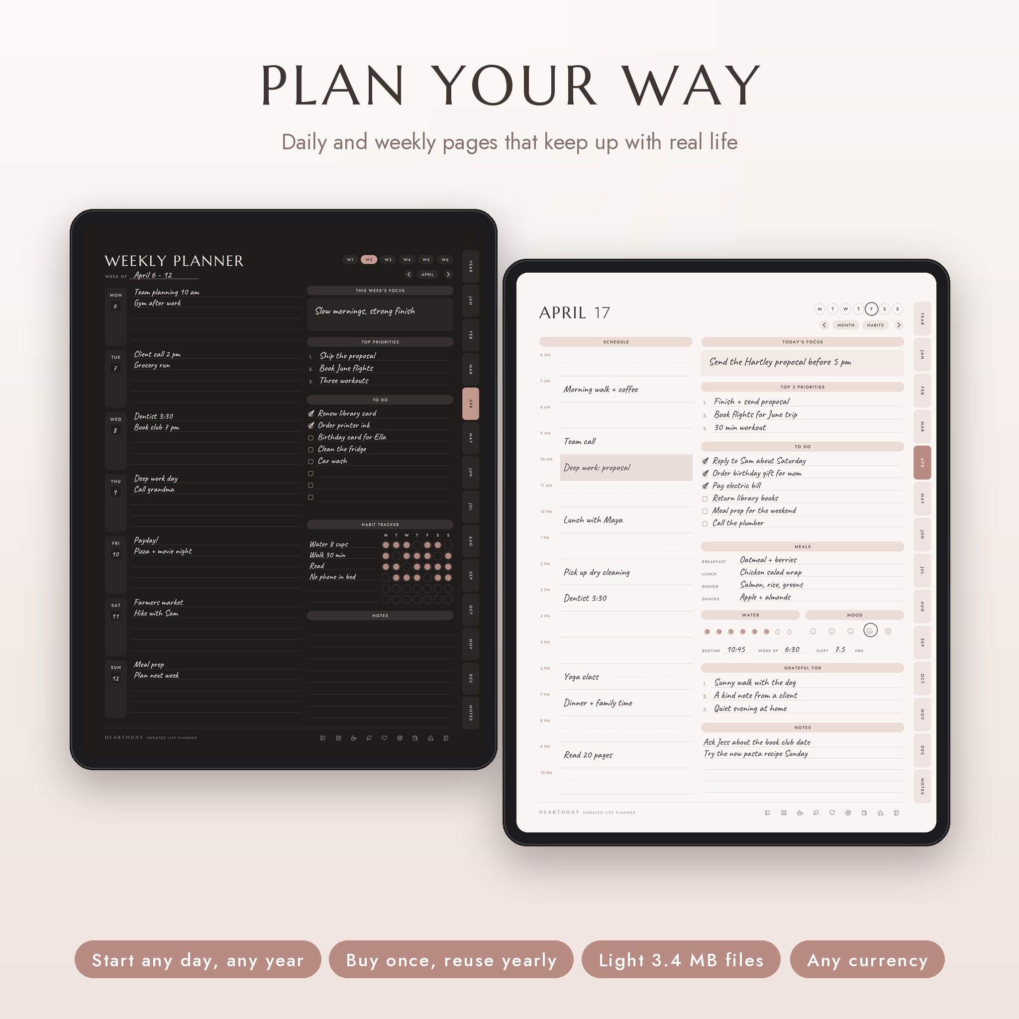 Filled weekly and daily pages in dark mode and blush themes