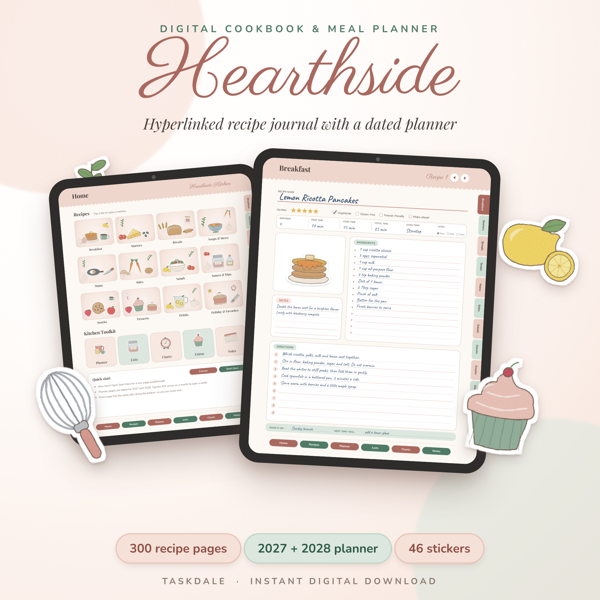 Hearthside Digital Recipe Book & Meal Planner | Hyperlinked PDF with 2027-2028 Dated Planner