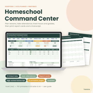 Hearthside Homeschool Command Center Excel homeschool planner dashboard and printable pages
