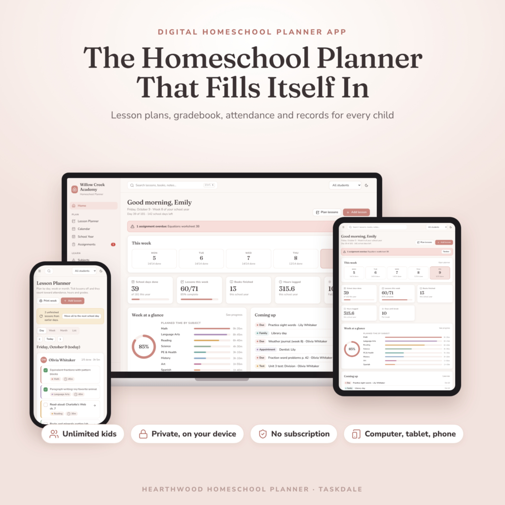 Hearthwood homeschool planner app on laptop, tablet and phone