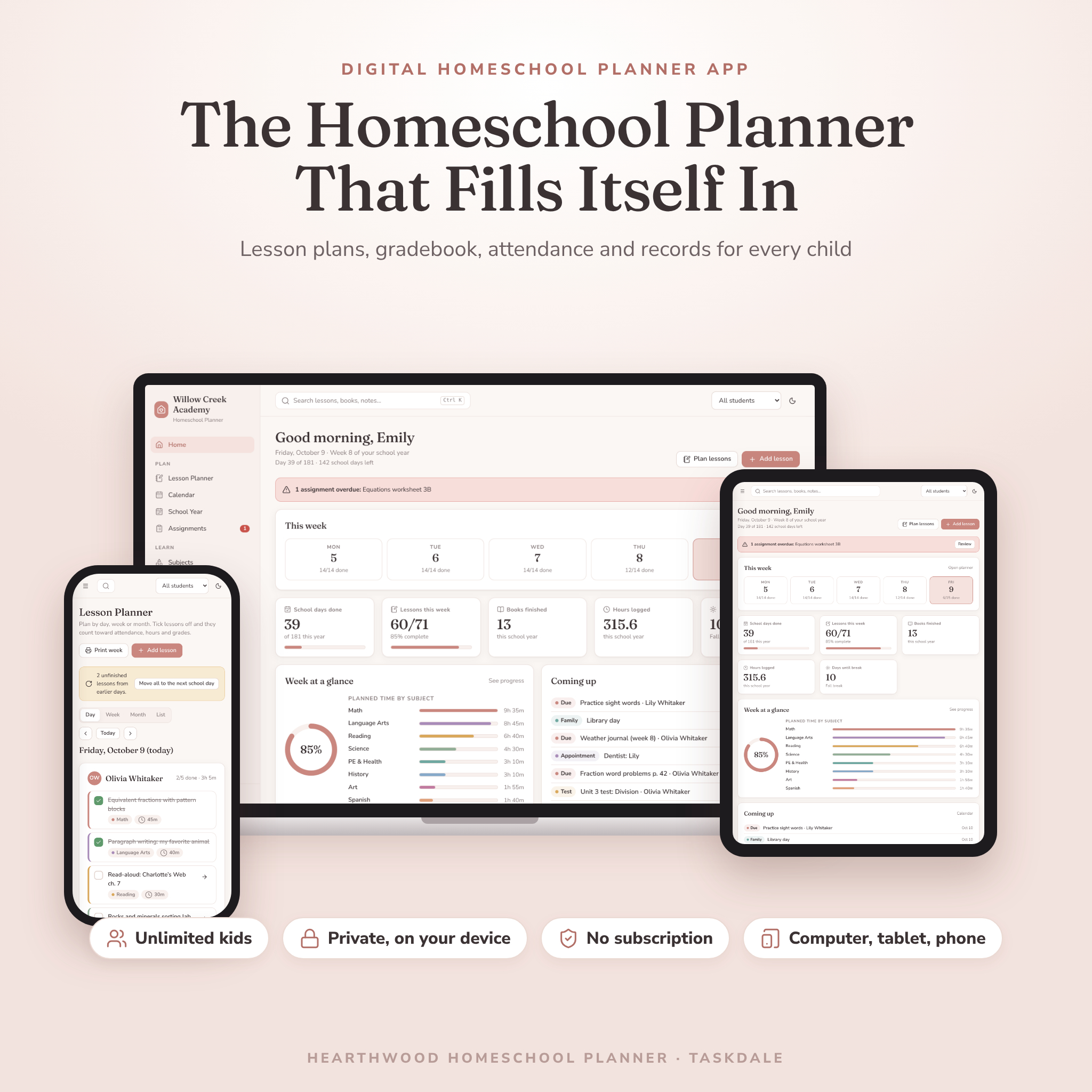 Hearthwood homeschool planner app on laptop, tablet and phone