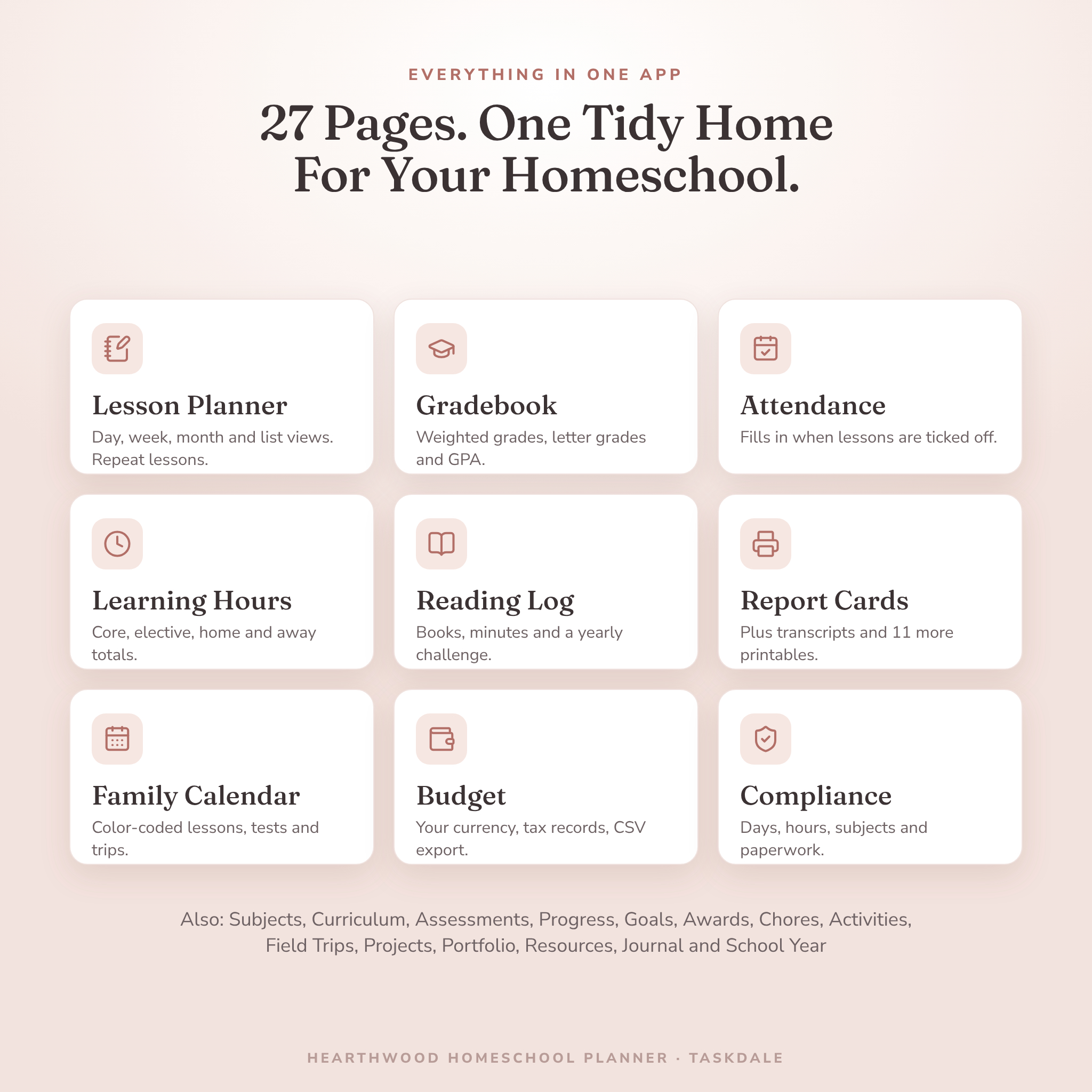 Homeschool planner features: lesson planner, gradebook, attendance and more