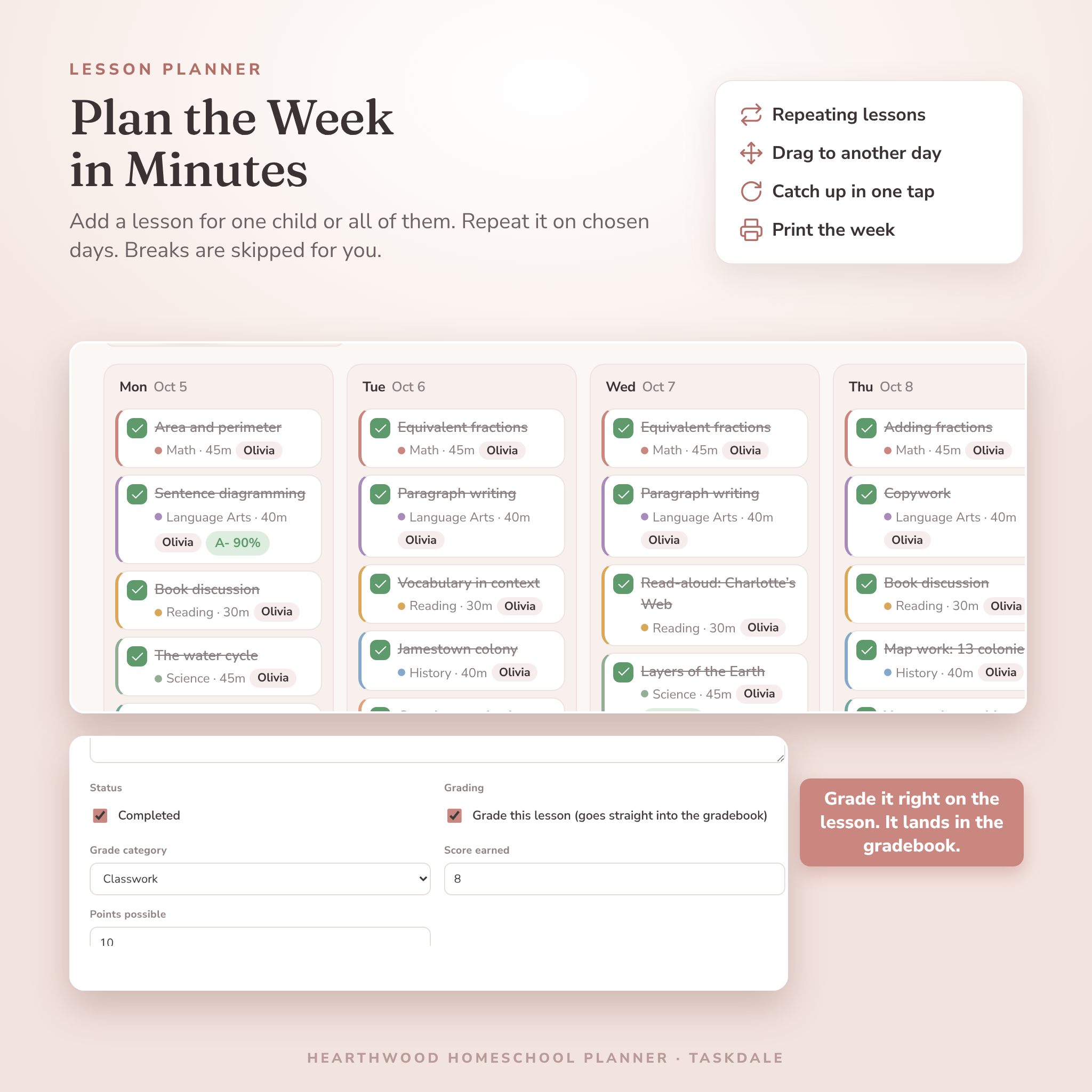 Homeschool lesson planner week view with repeating lessons