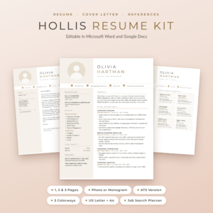 Hollis Resume Template for Word & Google Docs | Resume with Photo, Cover Letter & References | 1, 2 & 3 Page CV | ATS Resume | Job Search Planner | US Letter & A4