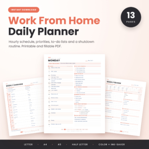 Work from home daily planner shown with the Monday, Weekly Overview and Weekly Review pages