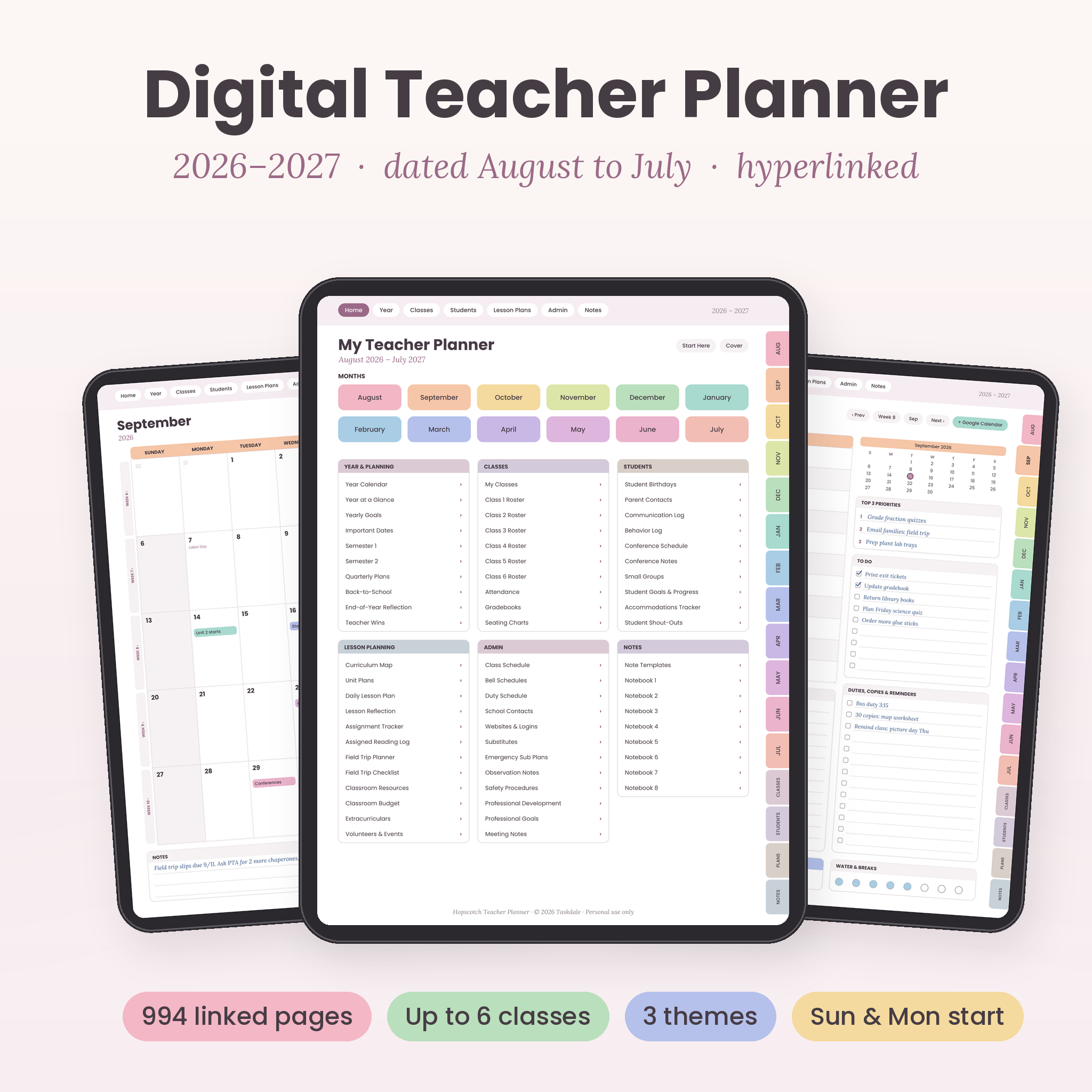 Hopscotch digital teacher planner 2026-2027 on iPad with monthly, home and daily pages