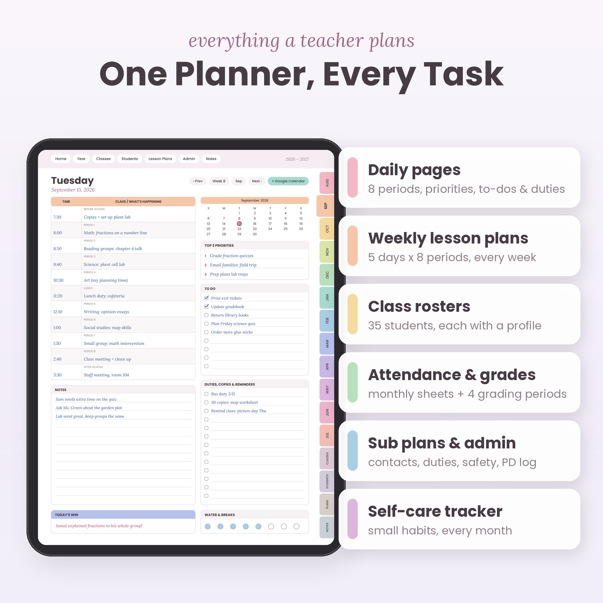 Daily teacher planner page with period schedule, priorities and to-do list