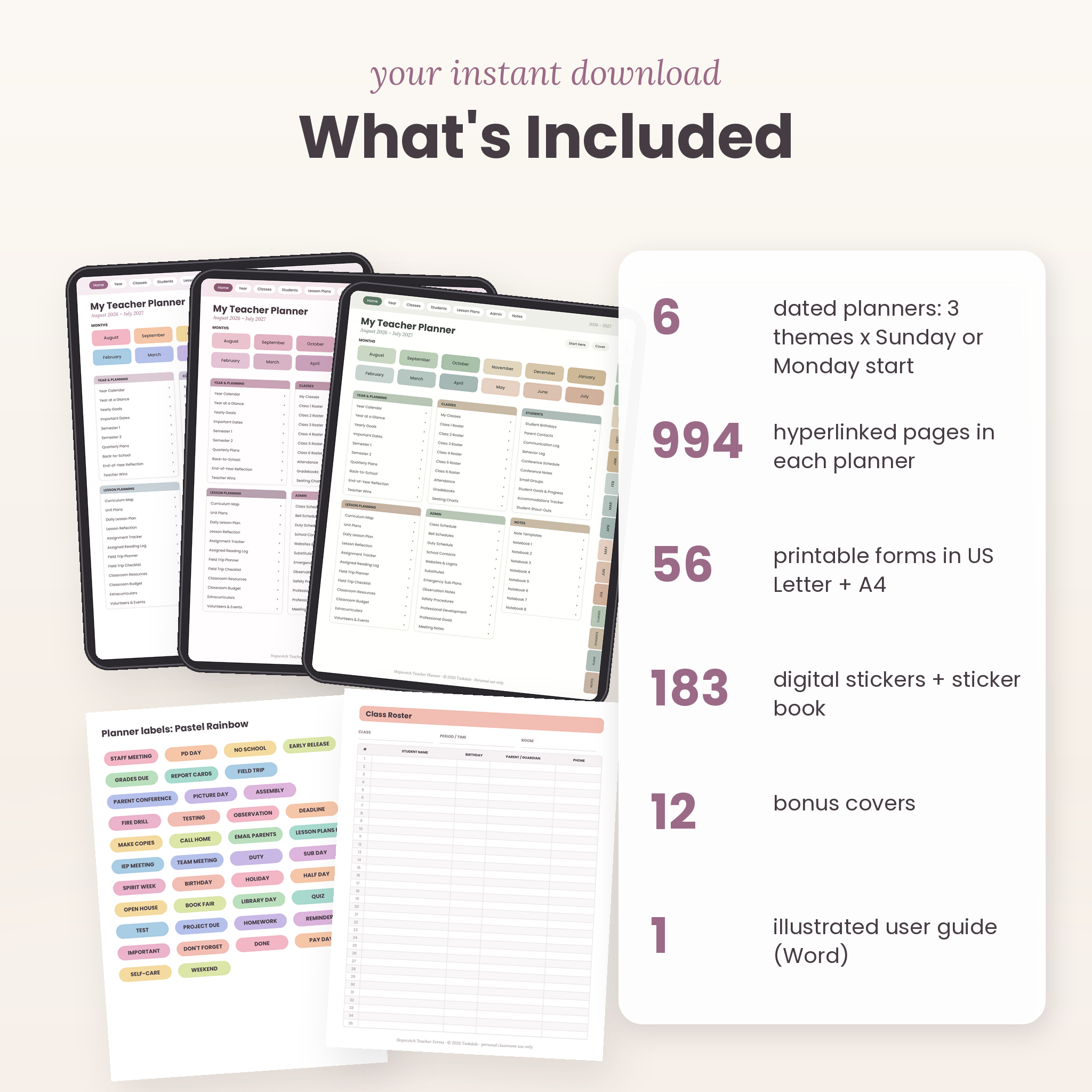 What is included: 6 dated planners, printable forms, stickers, covers and guide