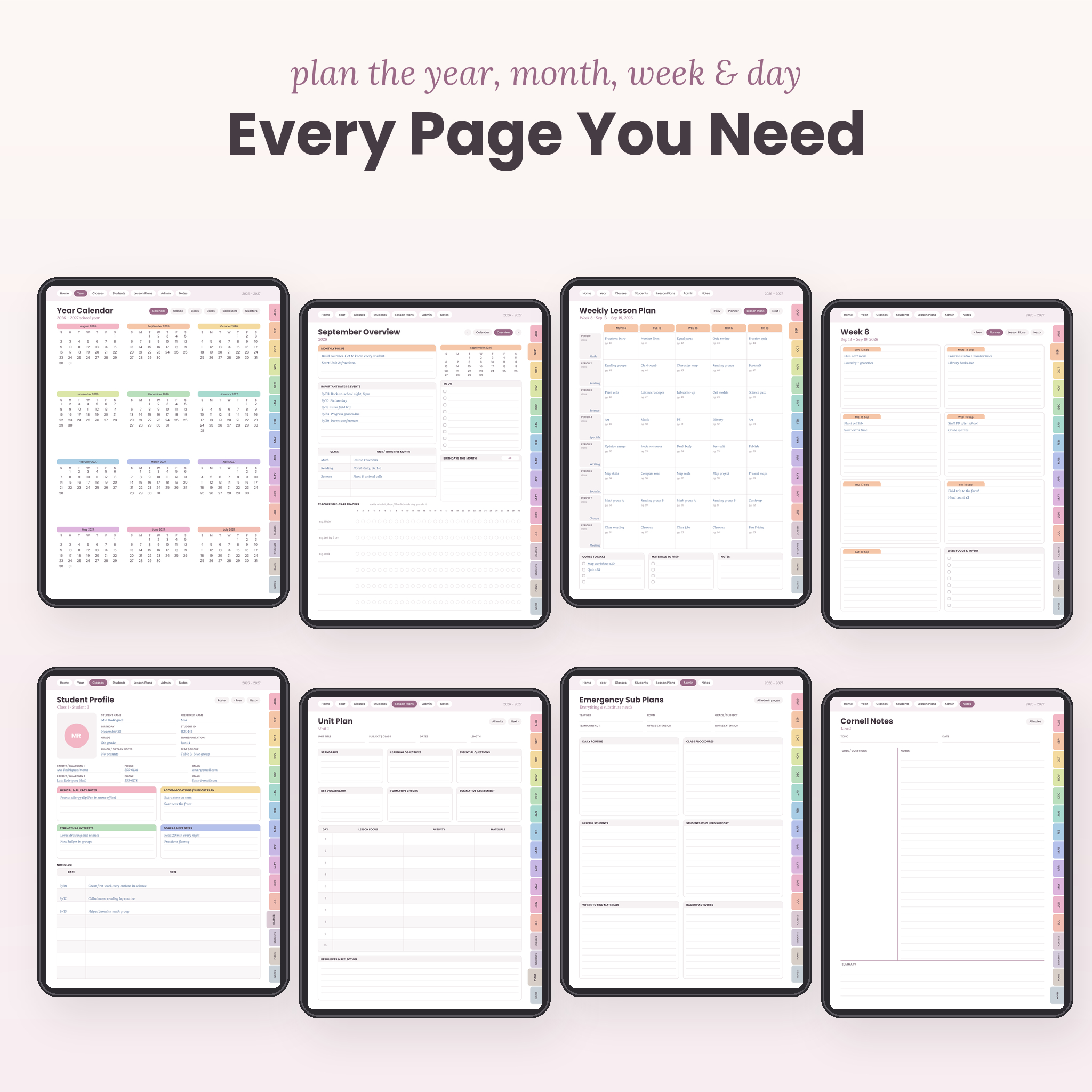 Year, month, weekly lesson plan, student profile and unit plan pages